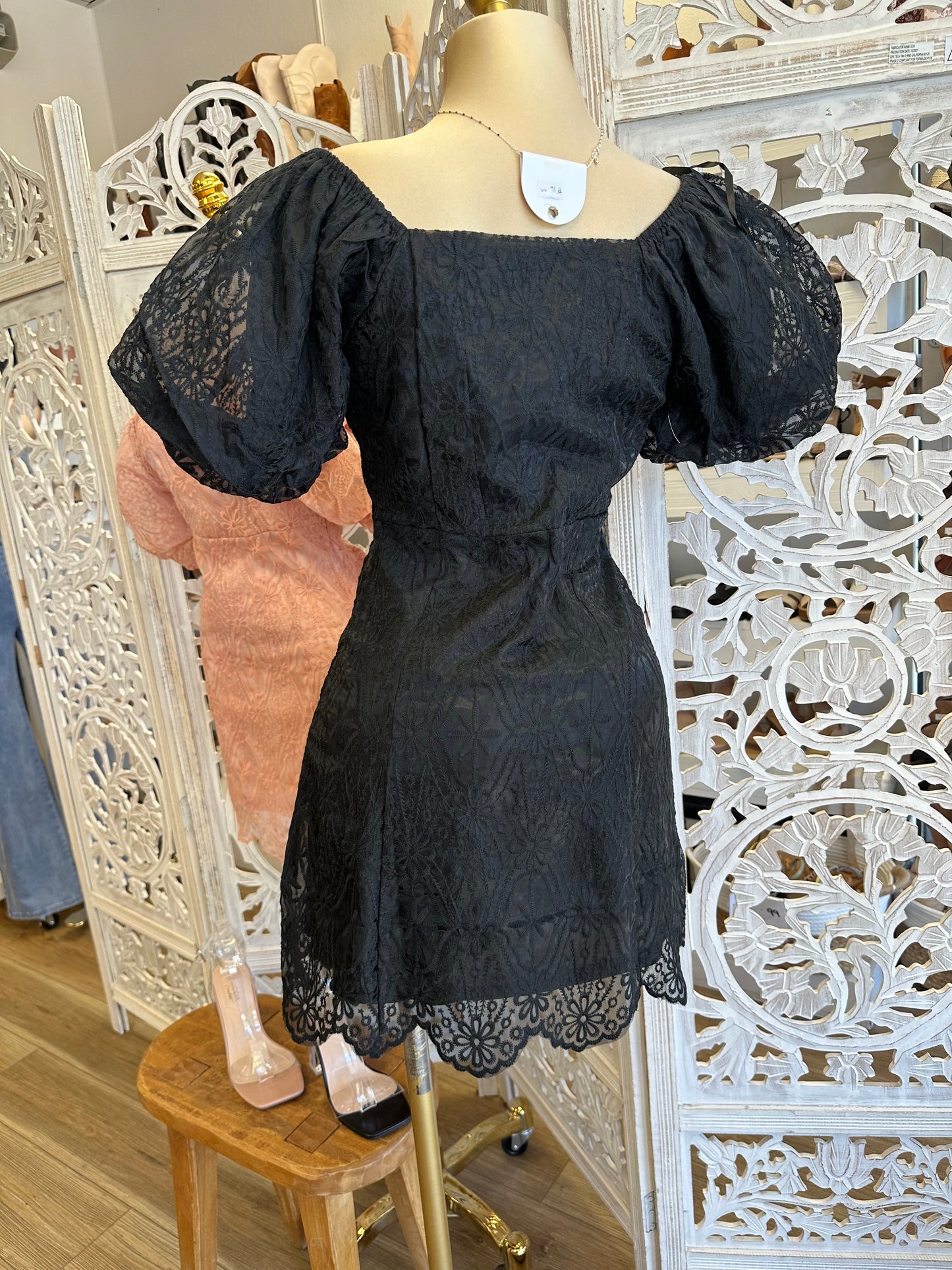 Off Shoulder Lace Embroidered Mini Dress- Not Stretchy, No Estira