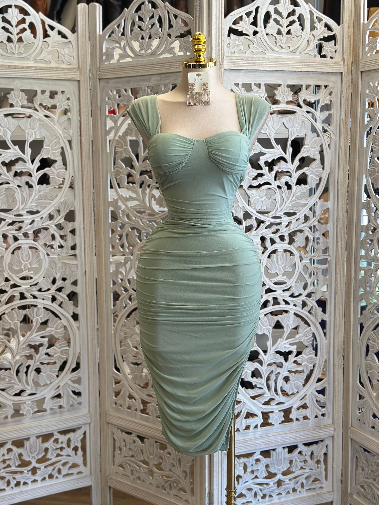 Seafoam Heartlined  Ruched Midi Dress- Stretchy , Estira