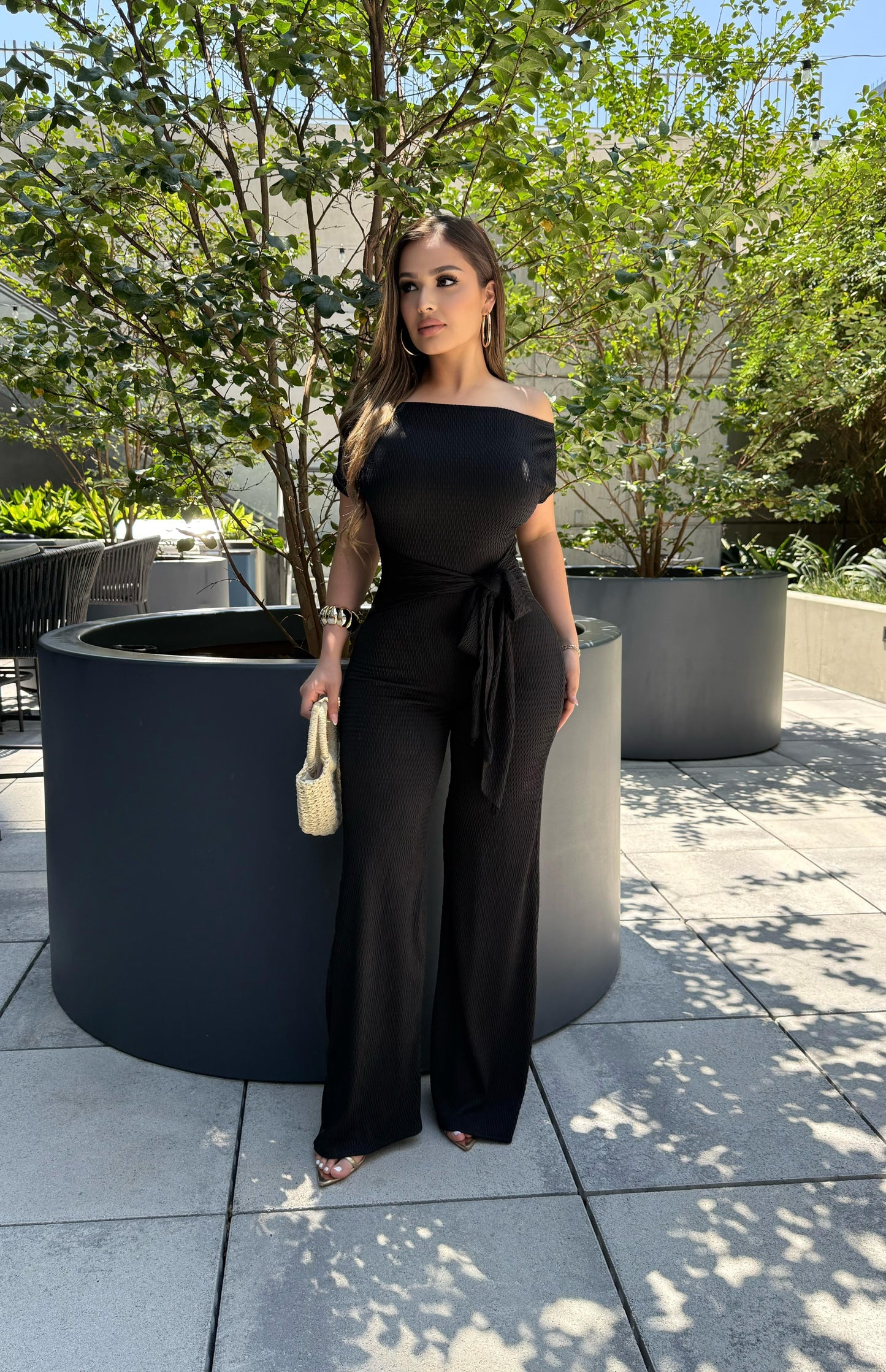 Black Ribbed Asymmetrical Jumpsuit - Stretchy,Estira