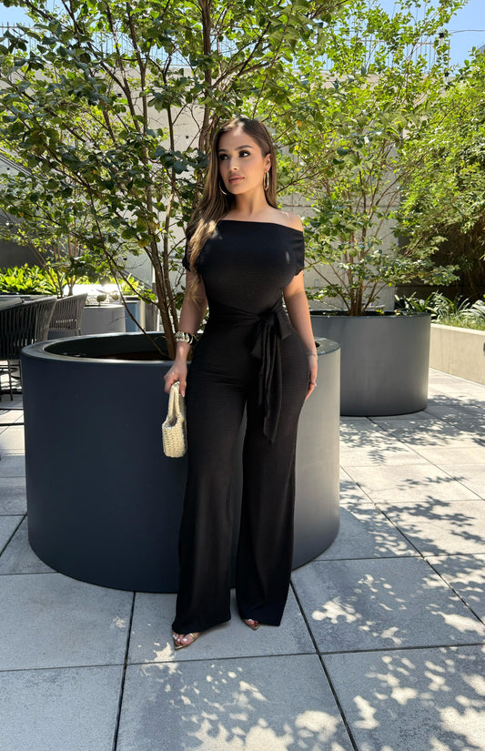 Black Ribbed Asymmetrical Jumpsuit - Stretchy,Estira