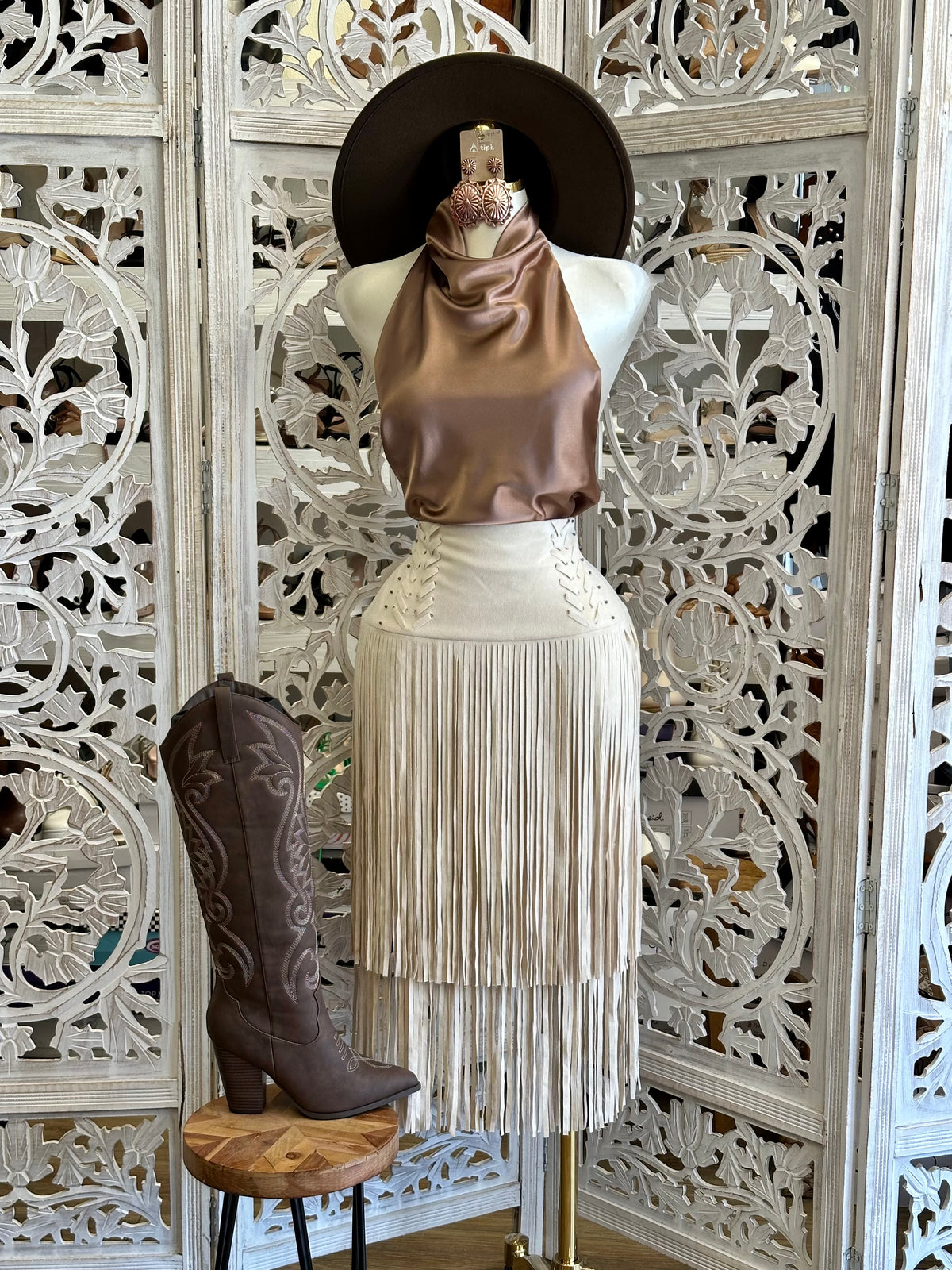 Natural Cream Desert Darling Fringe Skirt - Estira, Stretchy