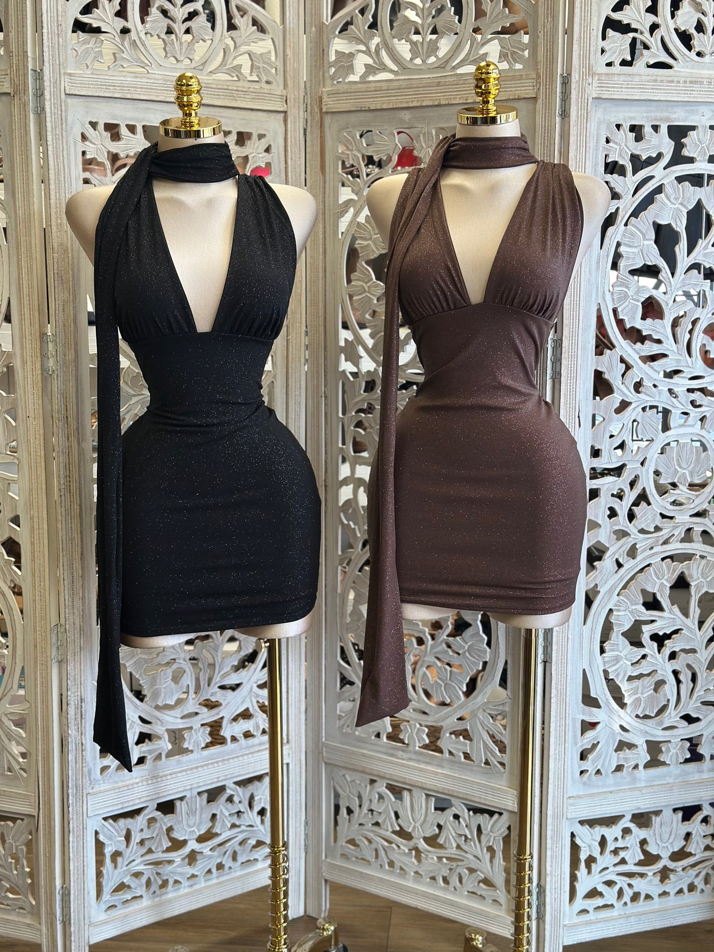 Scarf Deep V Mini Dress- Stretchy,Estira