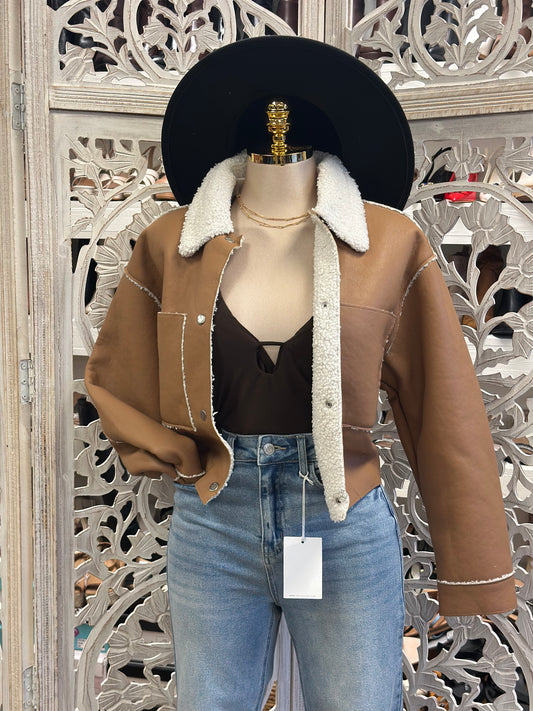 Brown Plush Neck Suede Jacket