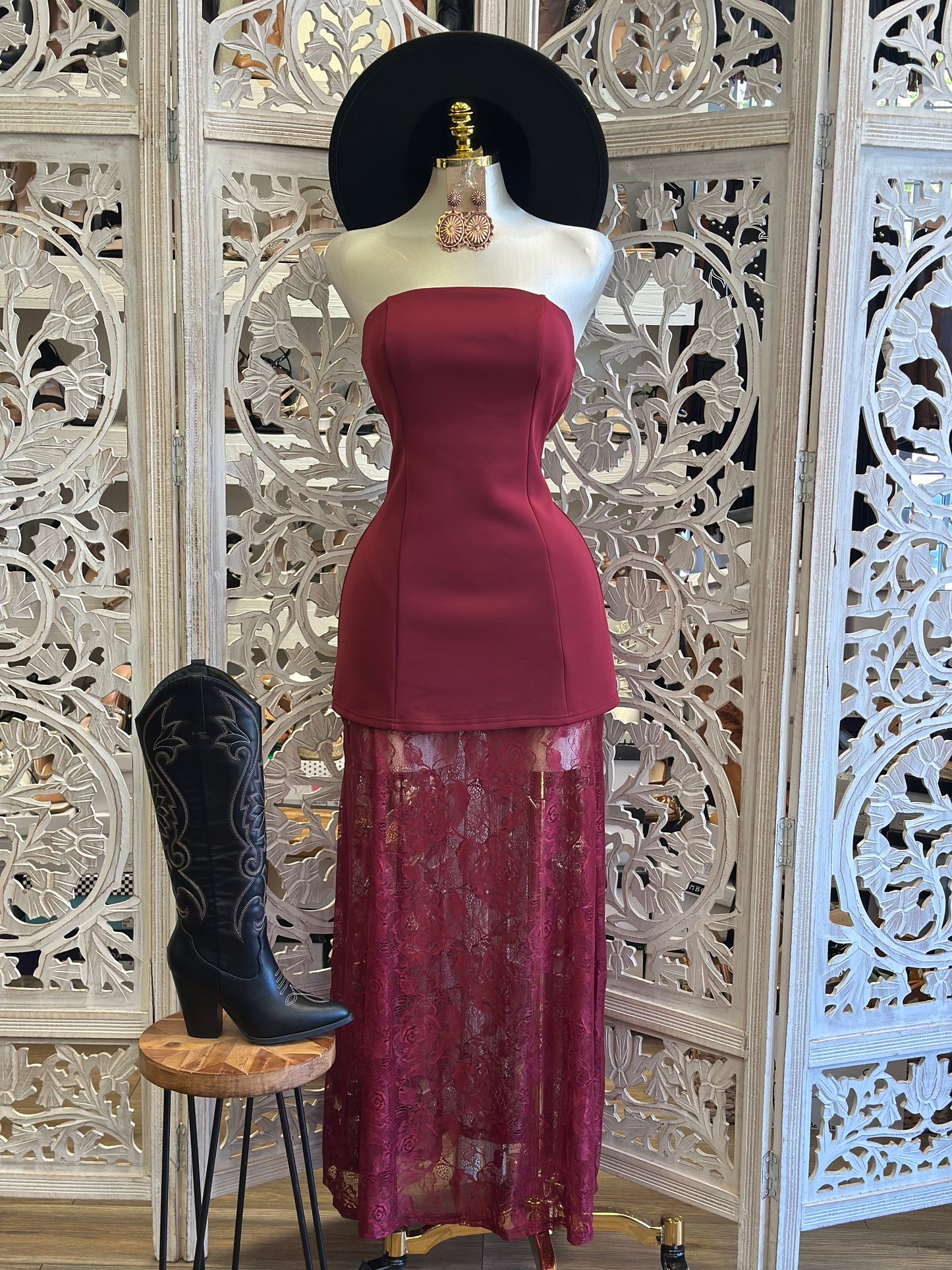 Burgundy Lace Overlay Strapless Maxi Dress -Stretchy,Estira
