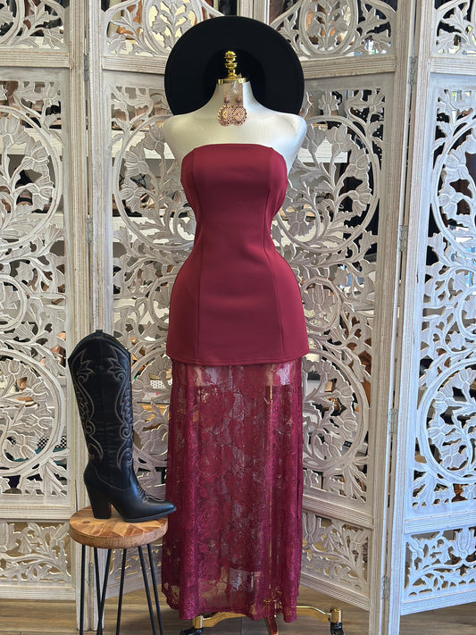 Burgundy Lace Overlay Strapless Maxi Dress -Stretchy,Estira