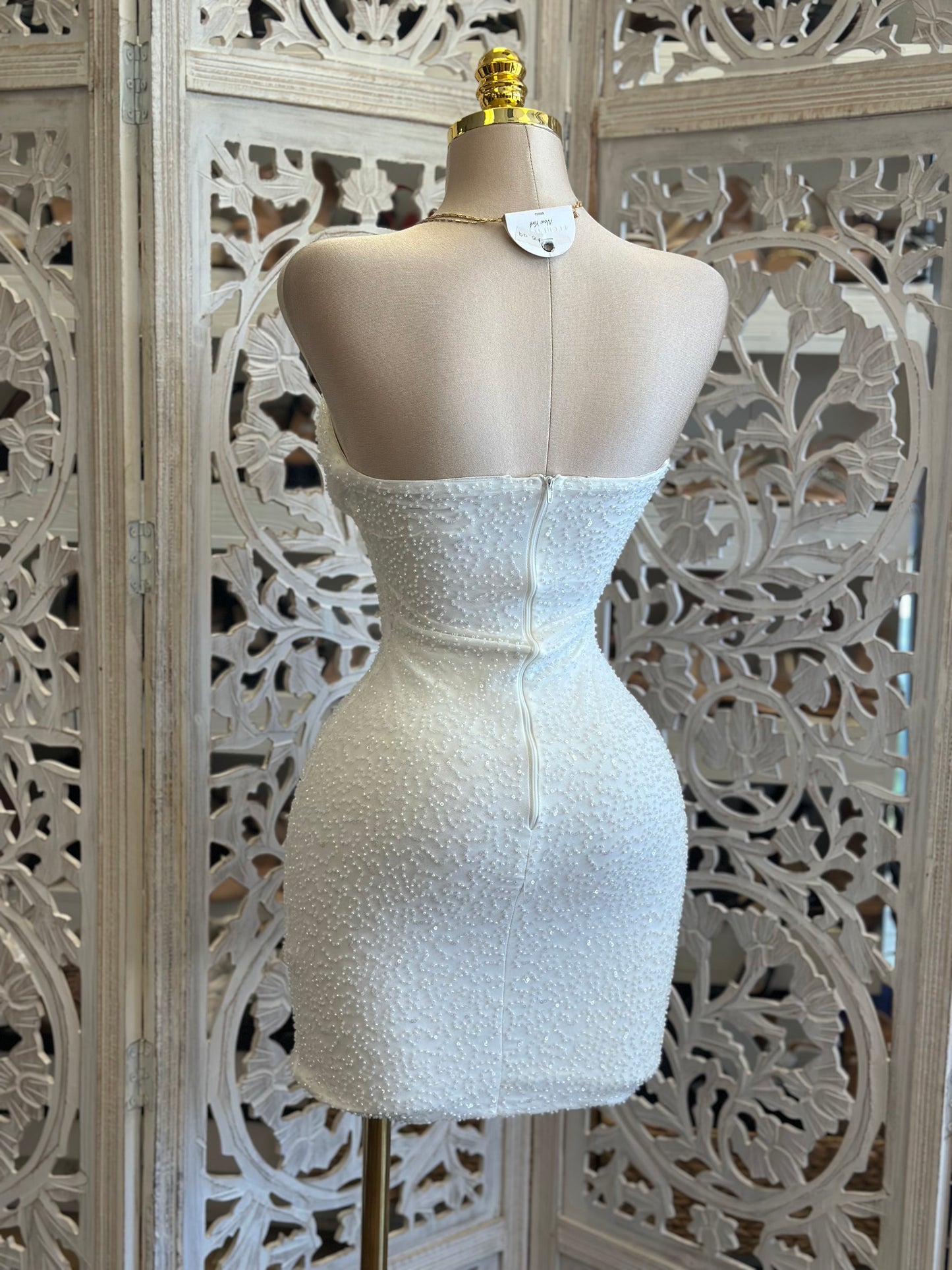 Ivory Strapless Embellished Dress-Estira, Stretchy