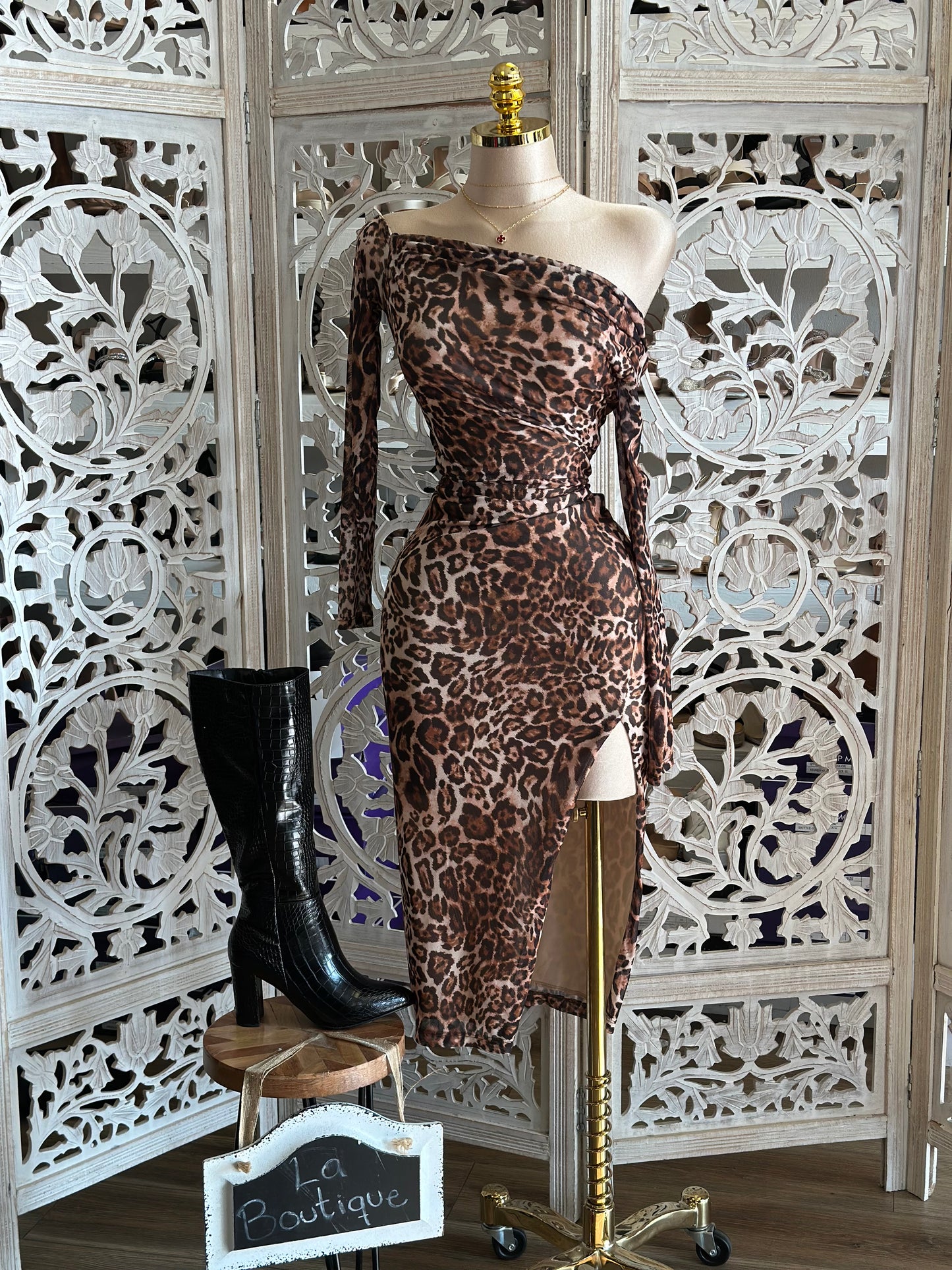 Cheetah Draped Sleeve Midi Dress- Stretchy,Estira