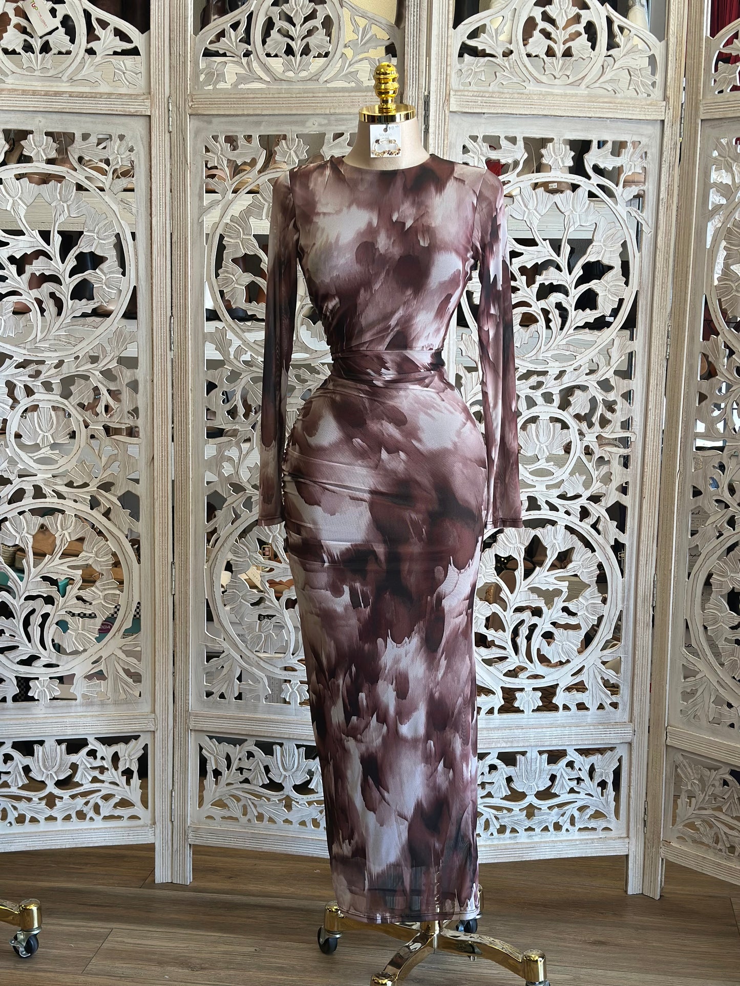 Brushed Pattern Brown Mesh Ruched  Dress- Stretchy,Estira