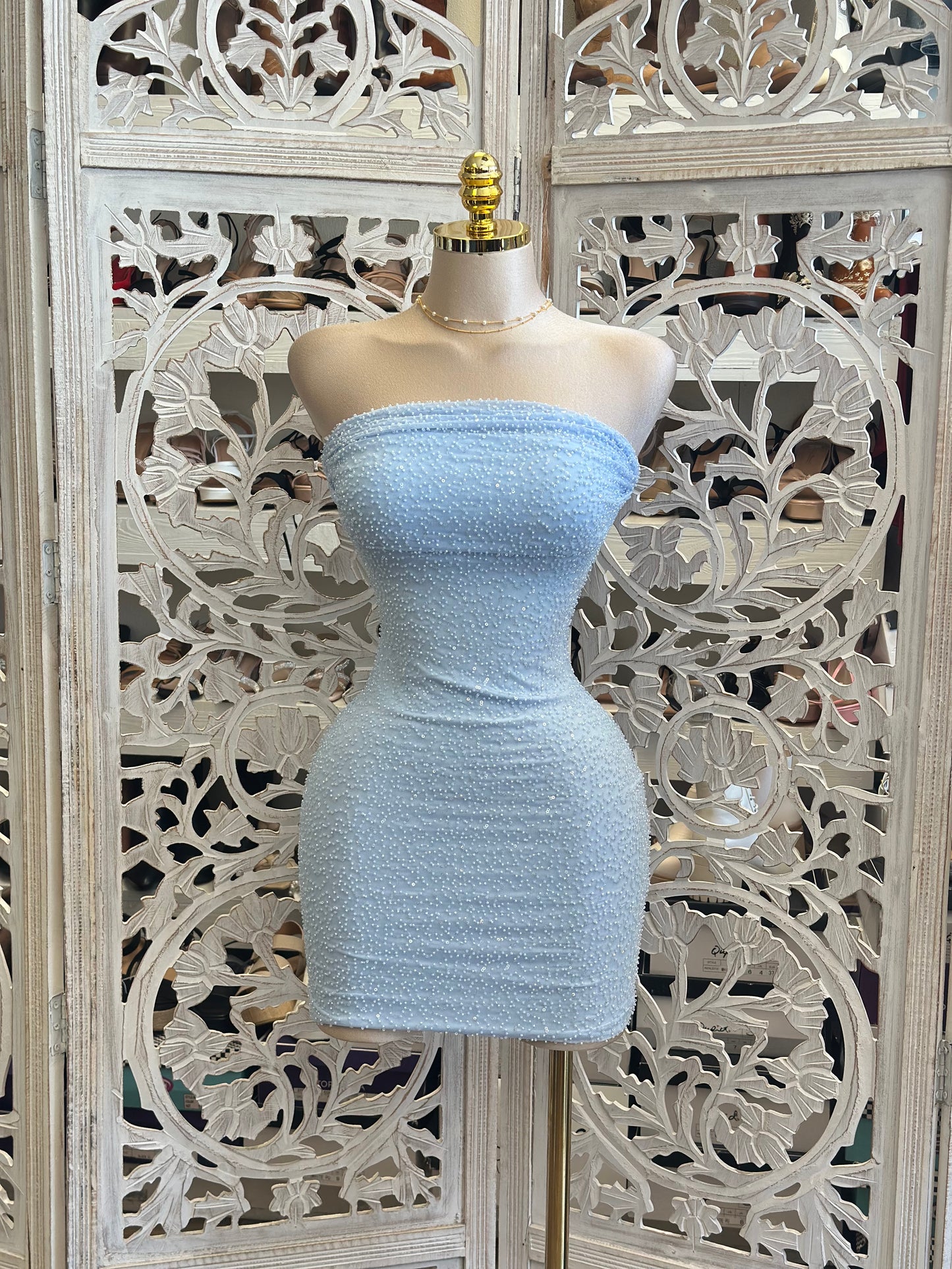 Embellished Light Blue Mini Dress- Stretchy, Estira