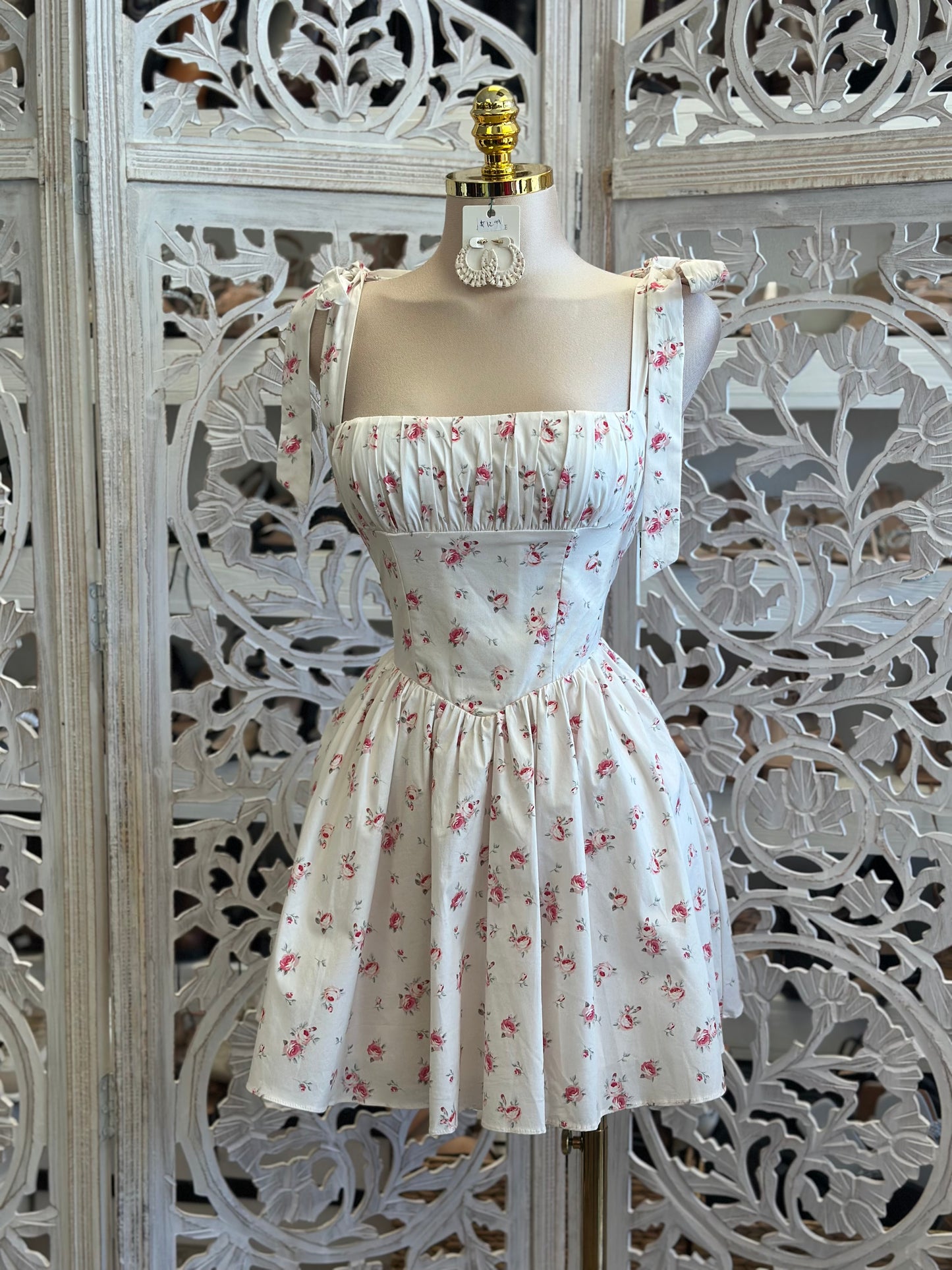 Floral Bow Strap Mini Dress- Not Stretchy ,No Estira