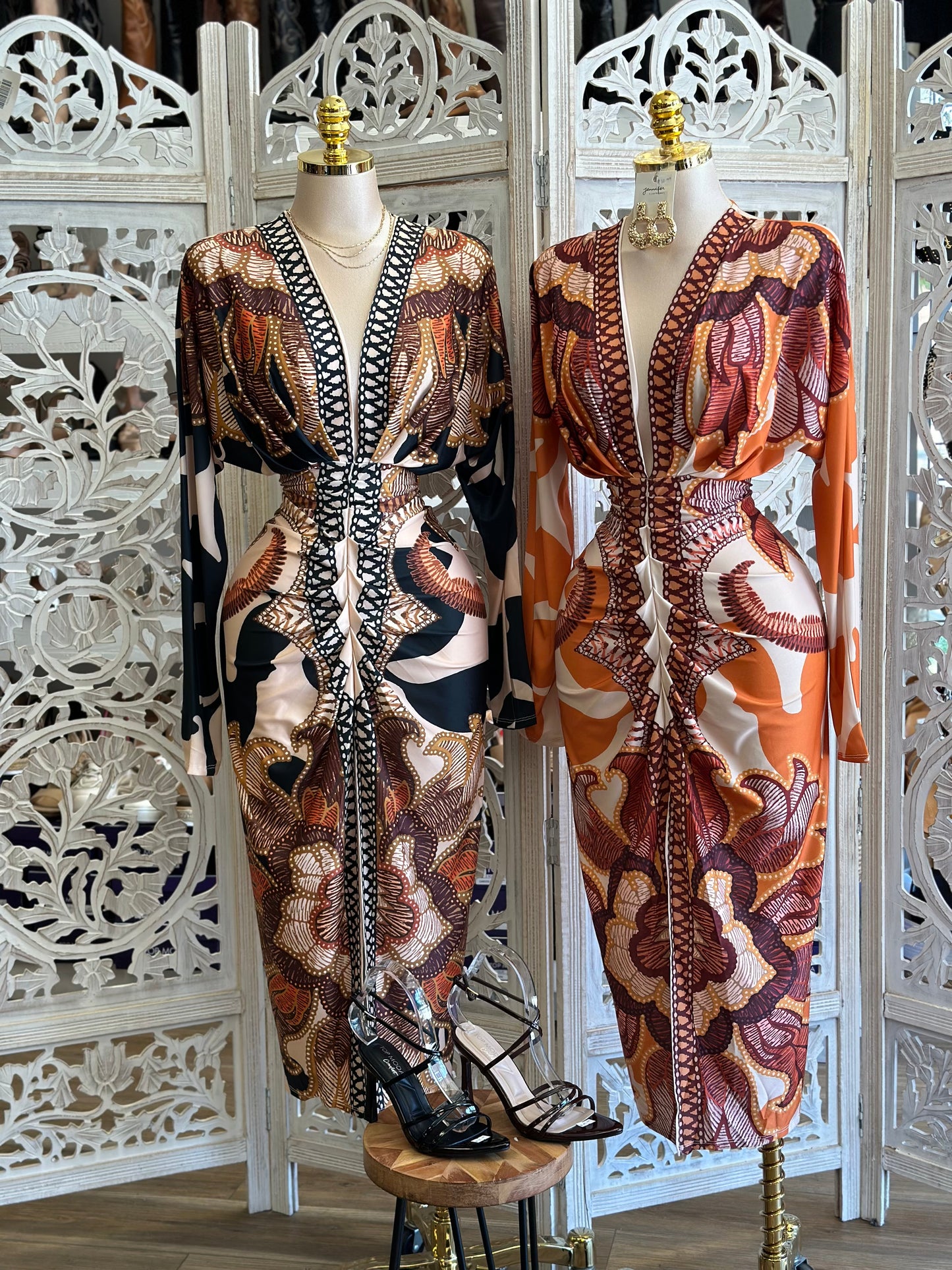 Deep V Multi Print Dress - Estira, Stretchy