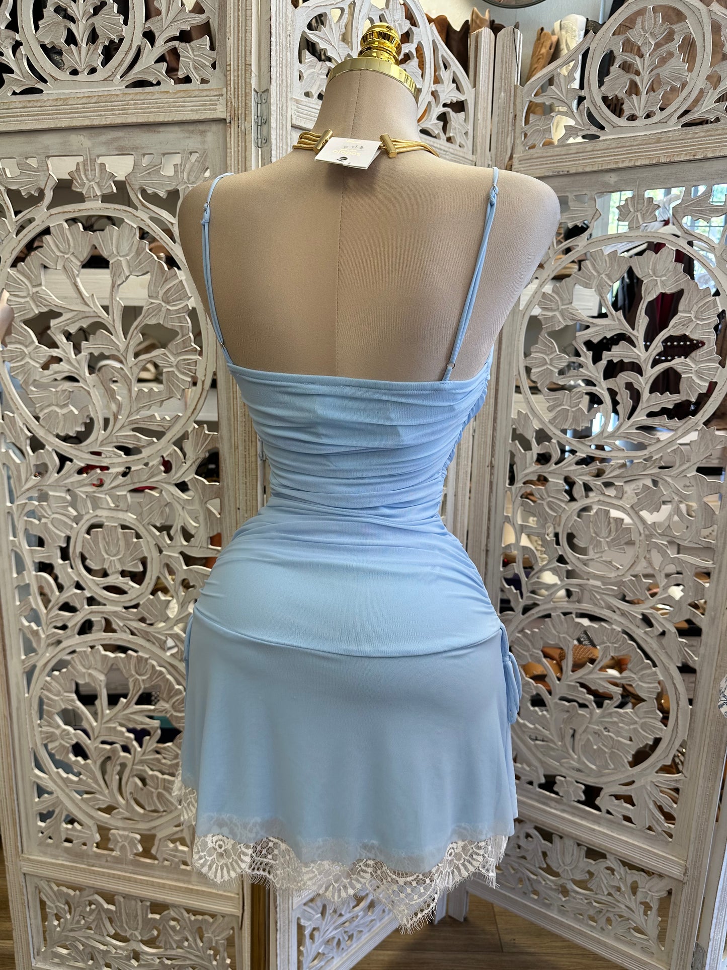 Mesh Blue Lace Mini Dress- Estira, Stretchy