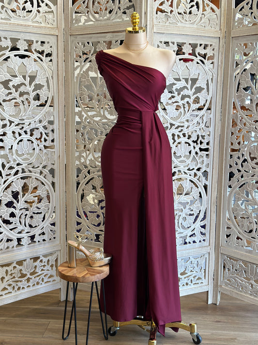 Wine Draped Formal Dress- Stretchy,Estira