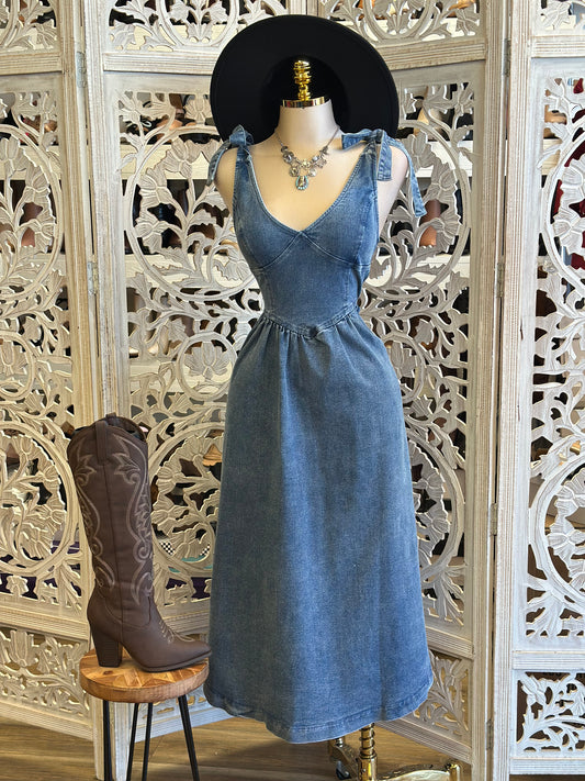 Jean Ribbon Strap Midi Dress-Estira, Stretchy