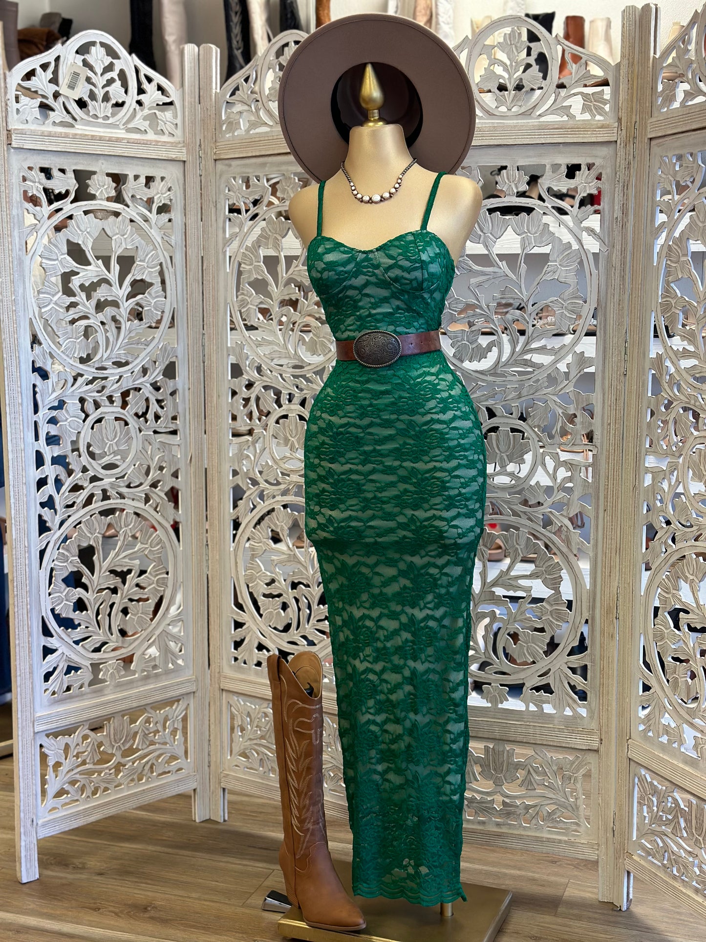 Dark Green Lace Maxi Dress- Stretchy