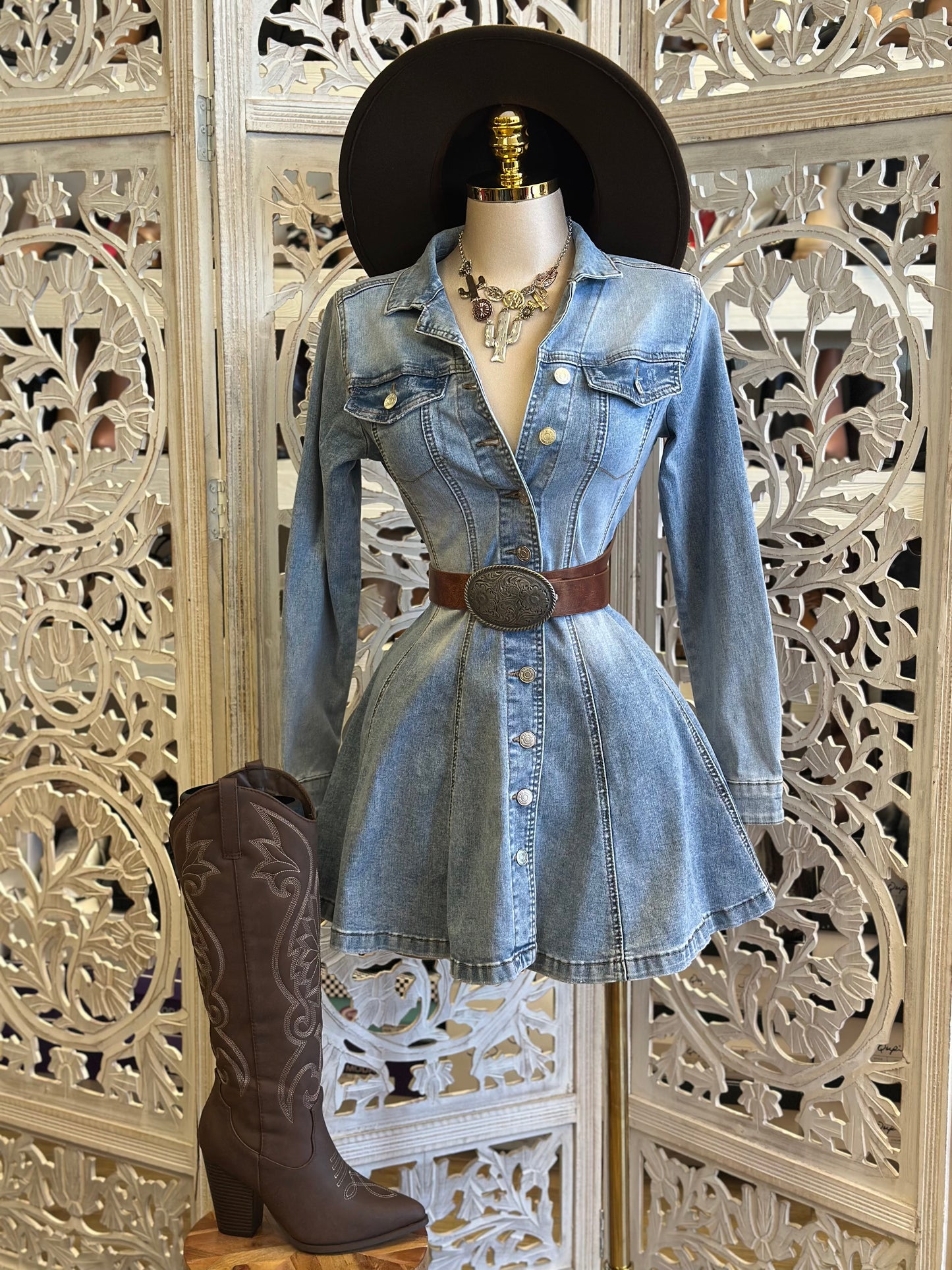 Jean Button Up Flare Mini Dress-Estira, Stretchy