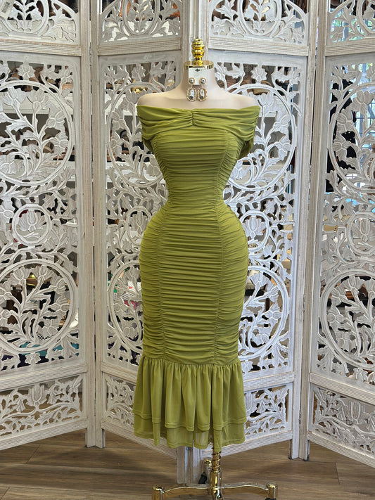 Mystic Green Ruched Midi Dress - Estira, Stretchy