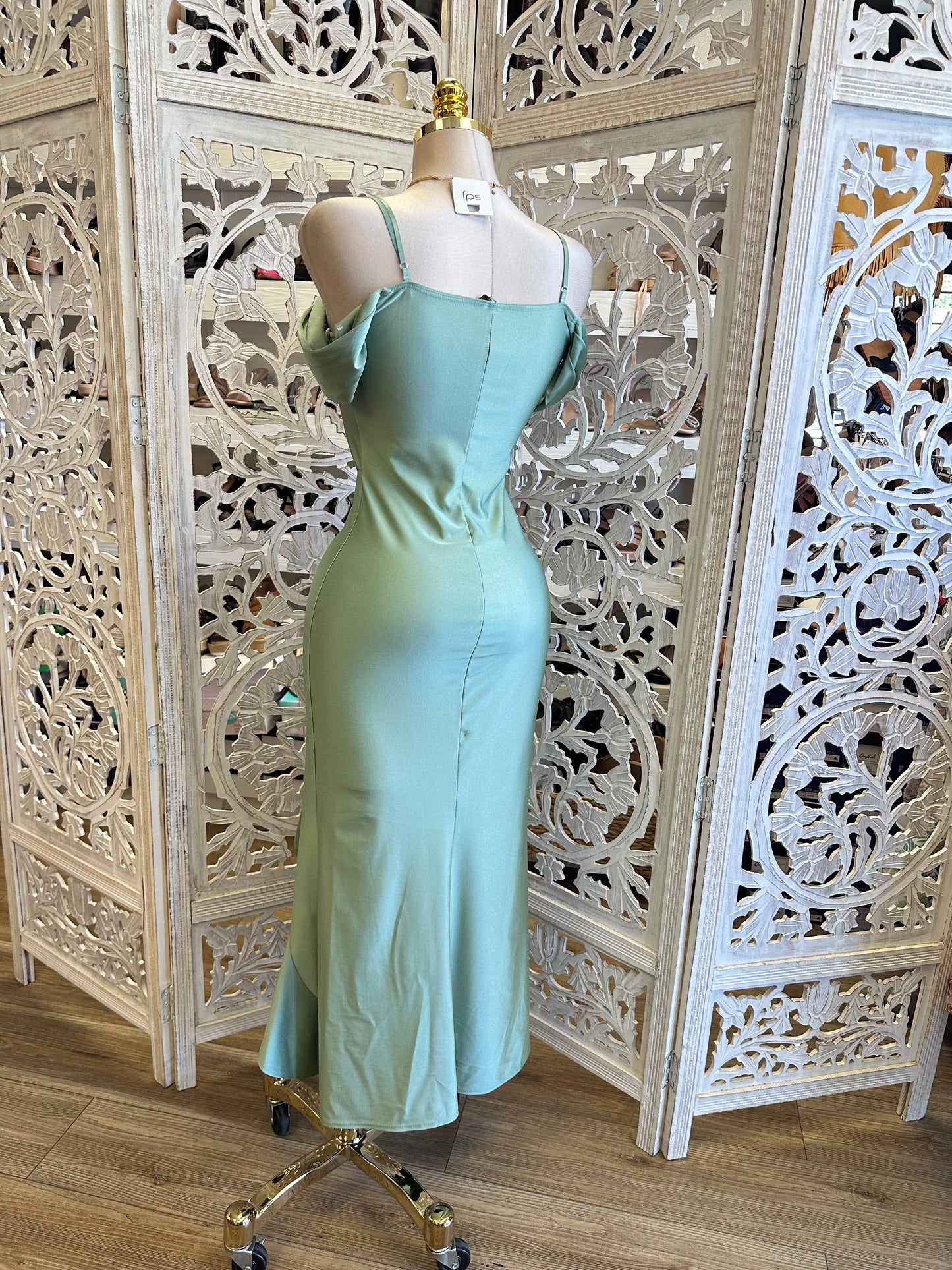 Off Shoulder Light Green Ruffle Dress- Stretchy, Estira
