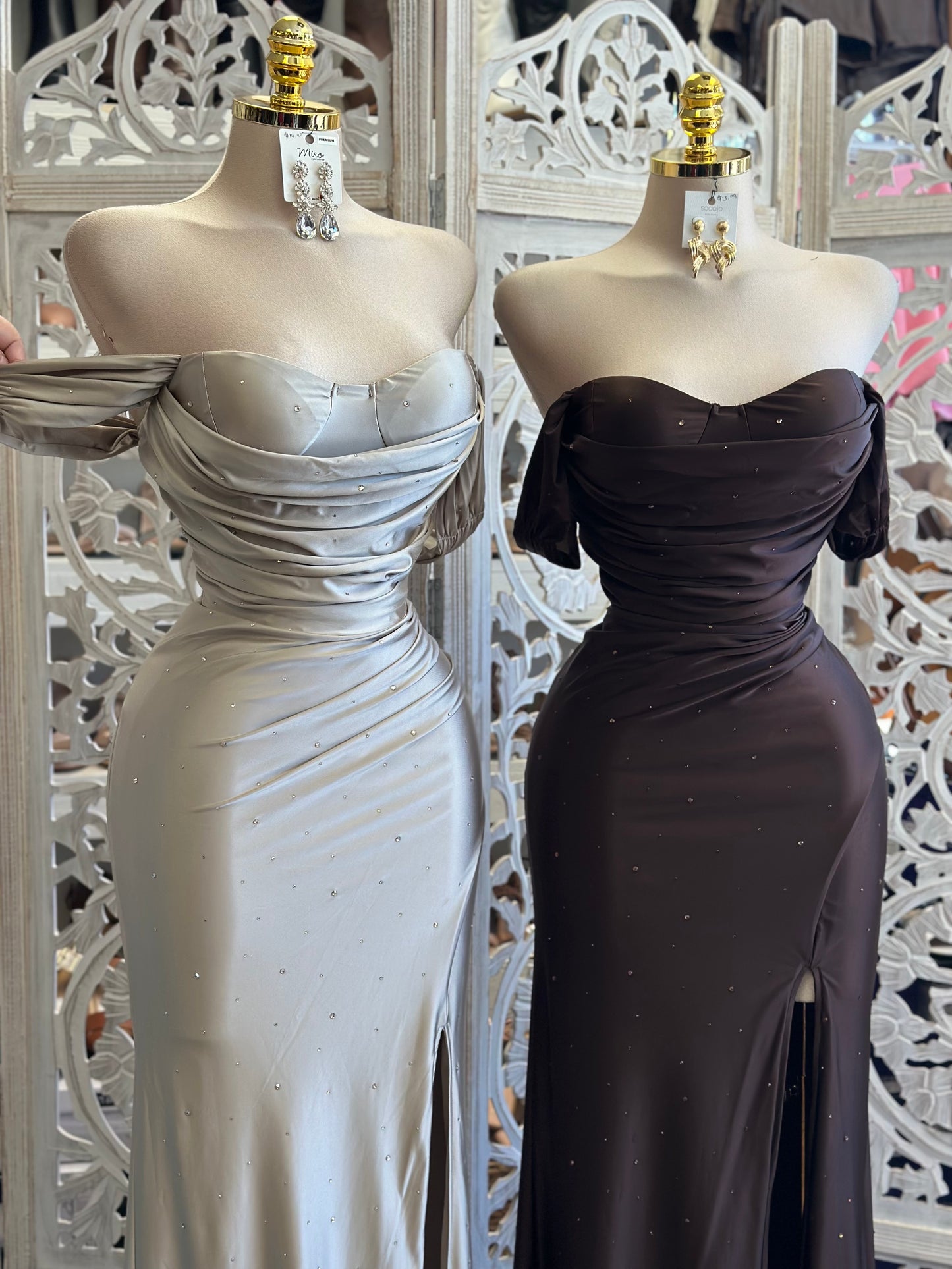 Off Shoulder Bedazzled Gown- Estira , Stretchy