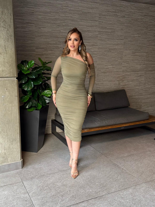 Olive Asymmetrical Mesh Sleeve Dress-Stretchy,Estira