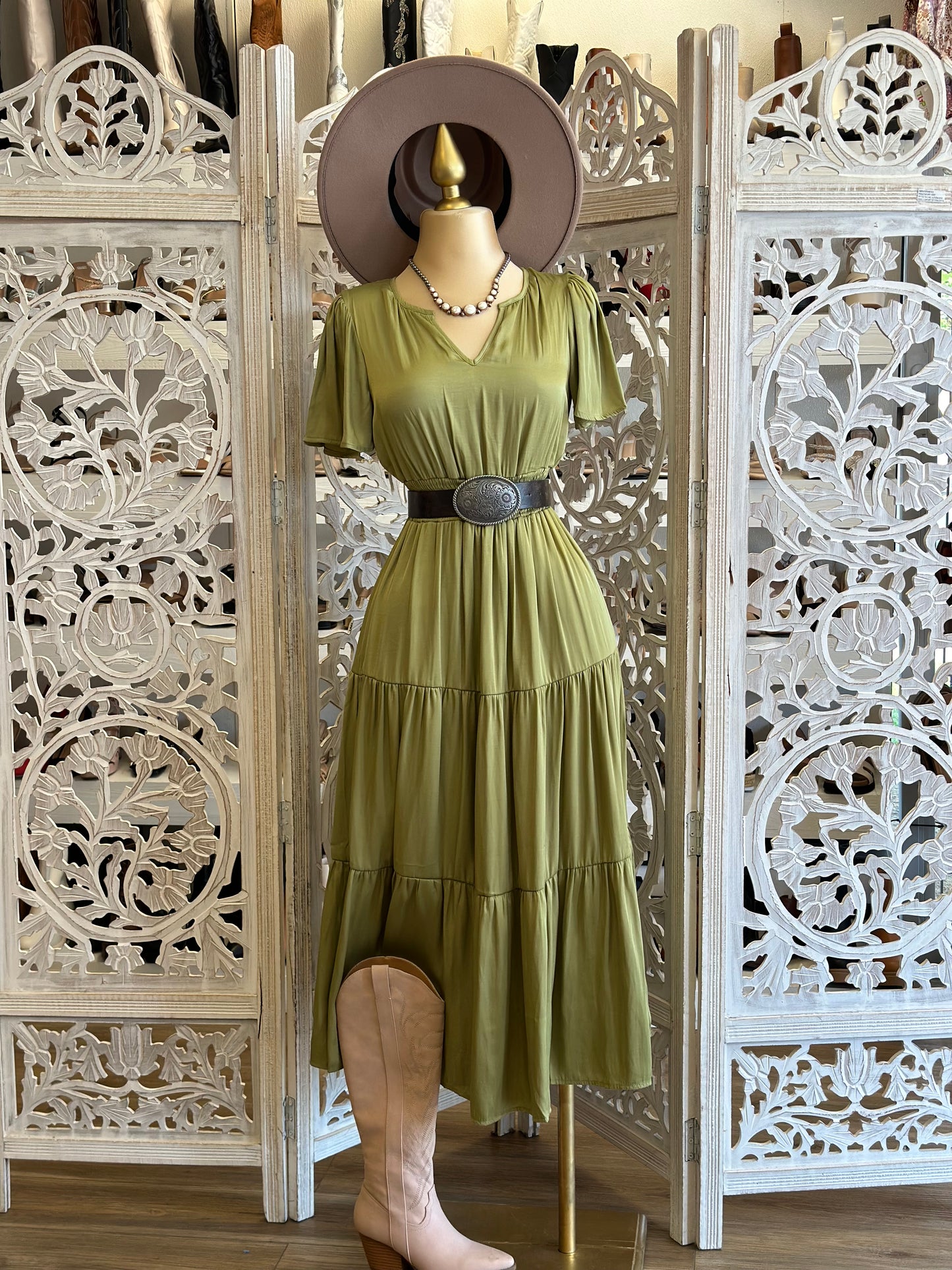 Olive Short Sleeve Maxi Dress- Stretchy