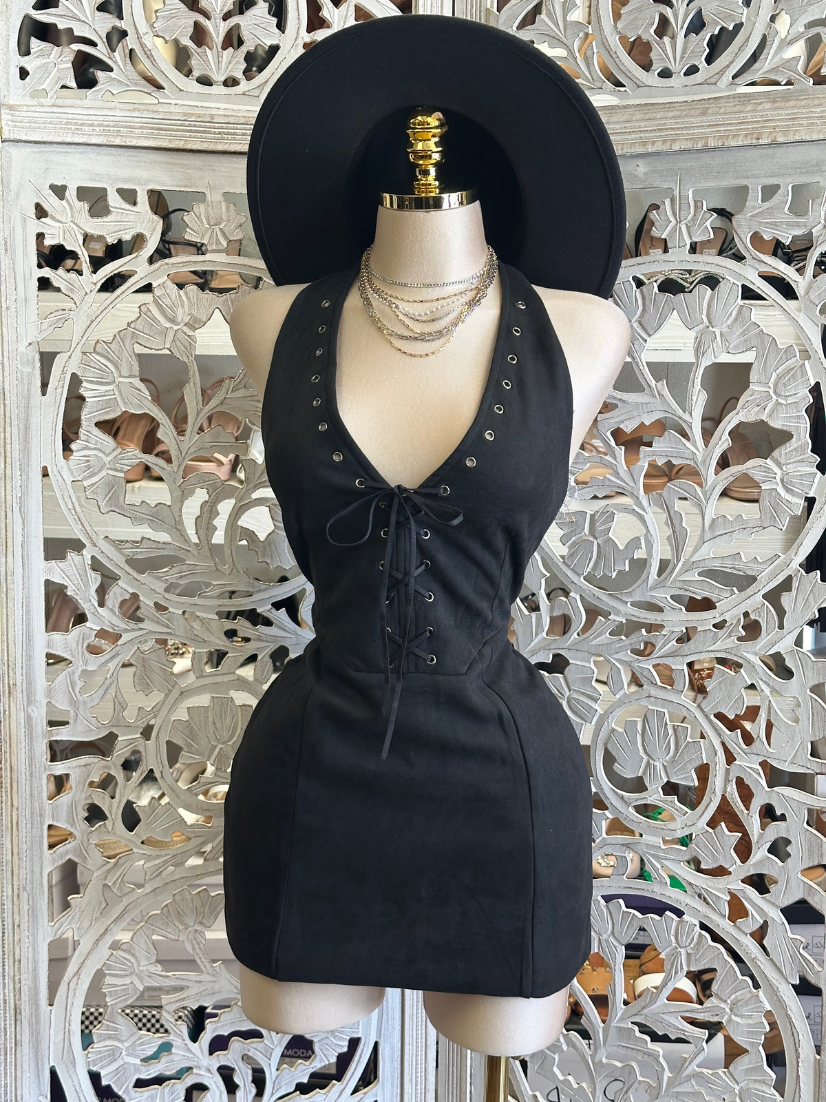 Solestia Plunging Halter Dress- Estira Poco, Slightly Stretchy