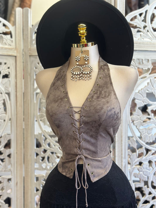 Tie Up Suede Taupe Blouse - Estira, Stretchy