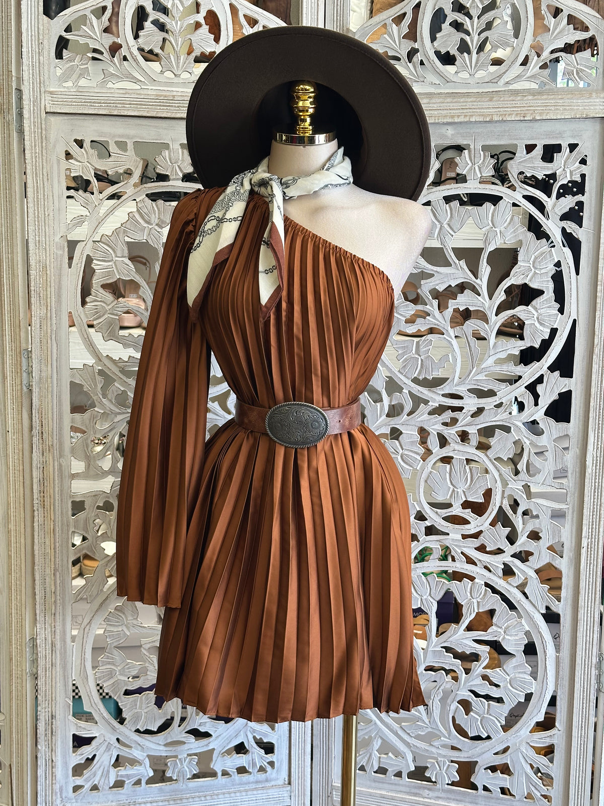 Rust Calliope Plissé Dress- Estira , Stretchy