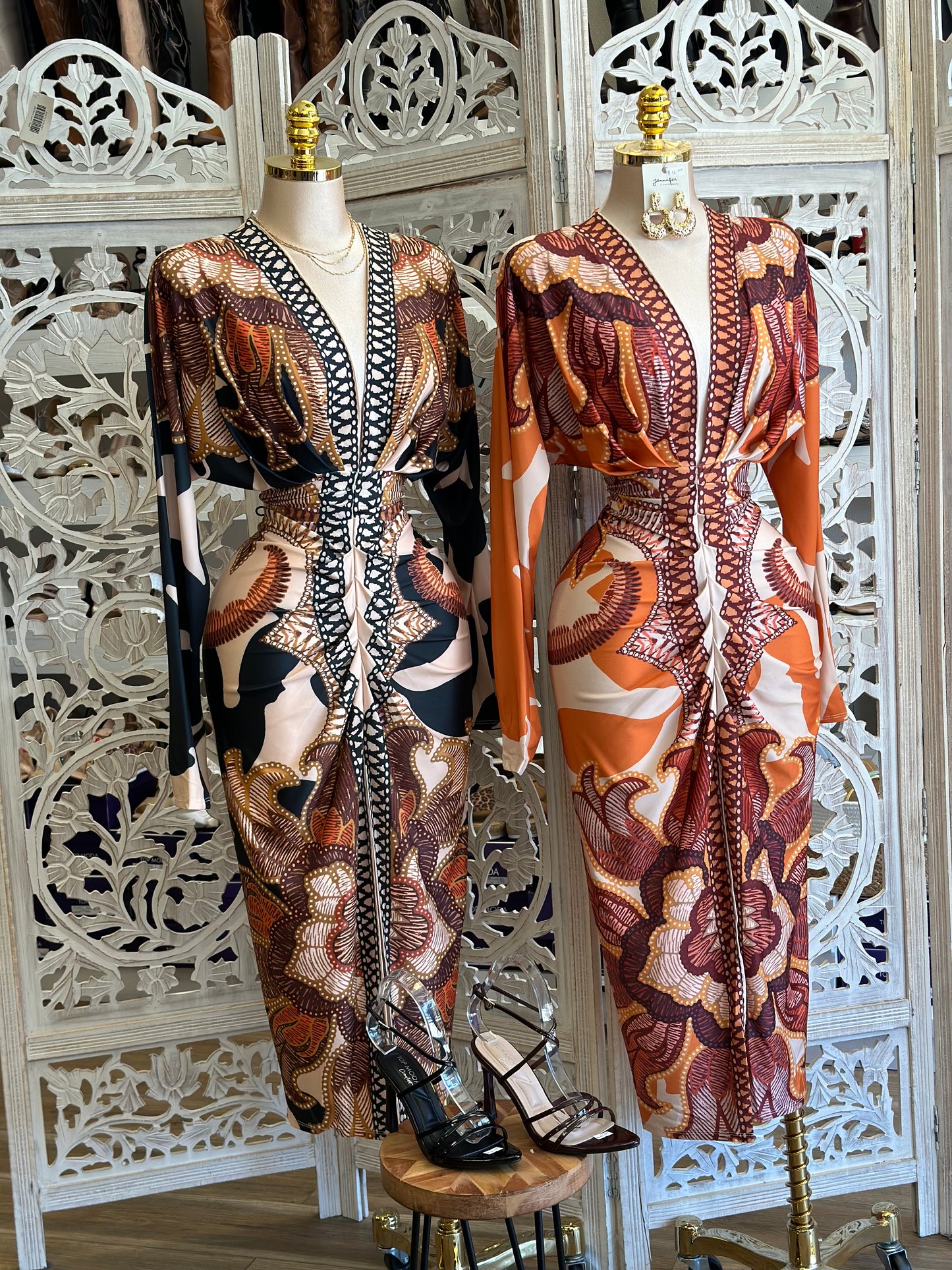 Deep V Multi Print Dress - Estira, Stretchy