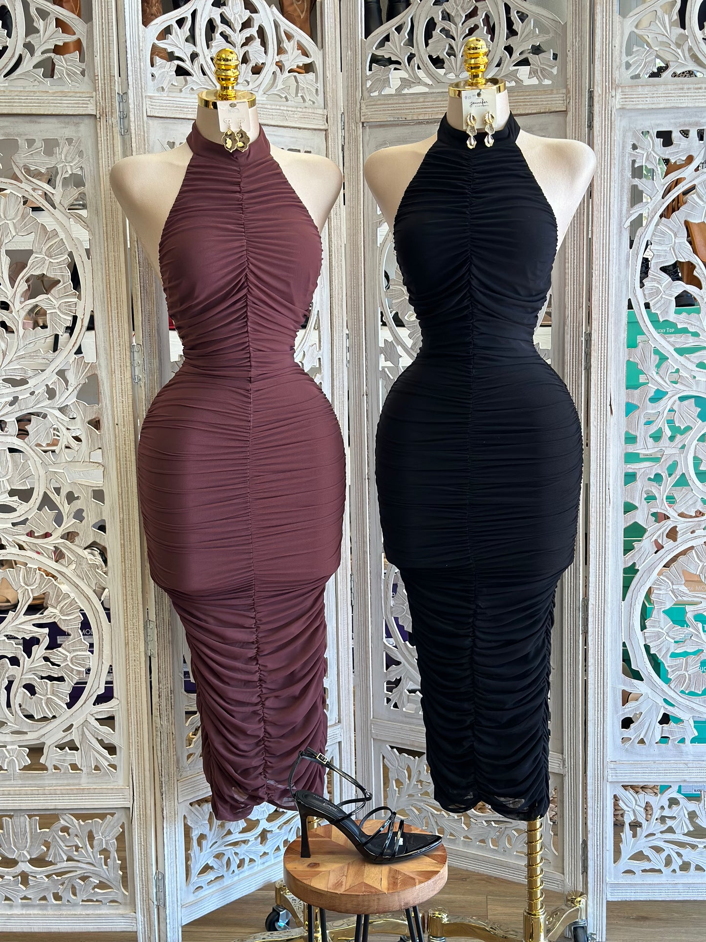 Ruched Open Back High Neck Dress- Stretchy, Estira