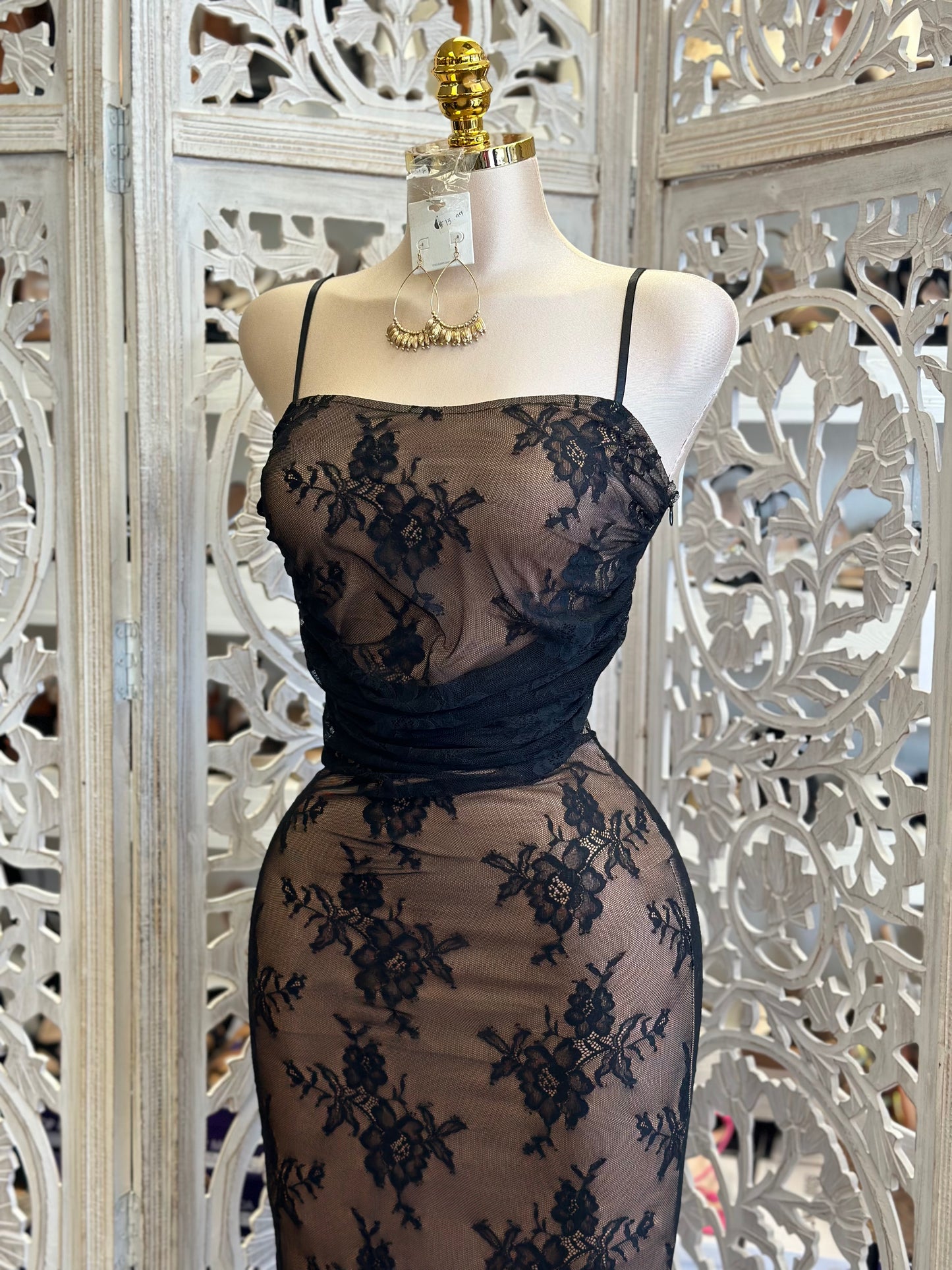 Nude with Black Lace Corset Dress - Estira, Stretchy