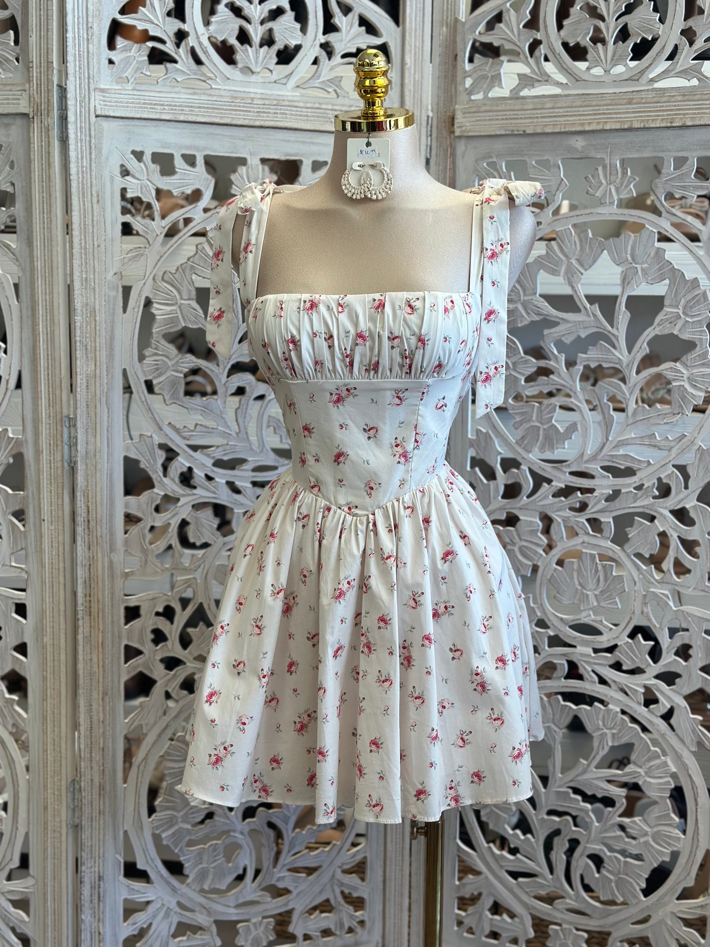 Floral Bow Strap Mini Dress- Not Stretchy ,No Estira