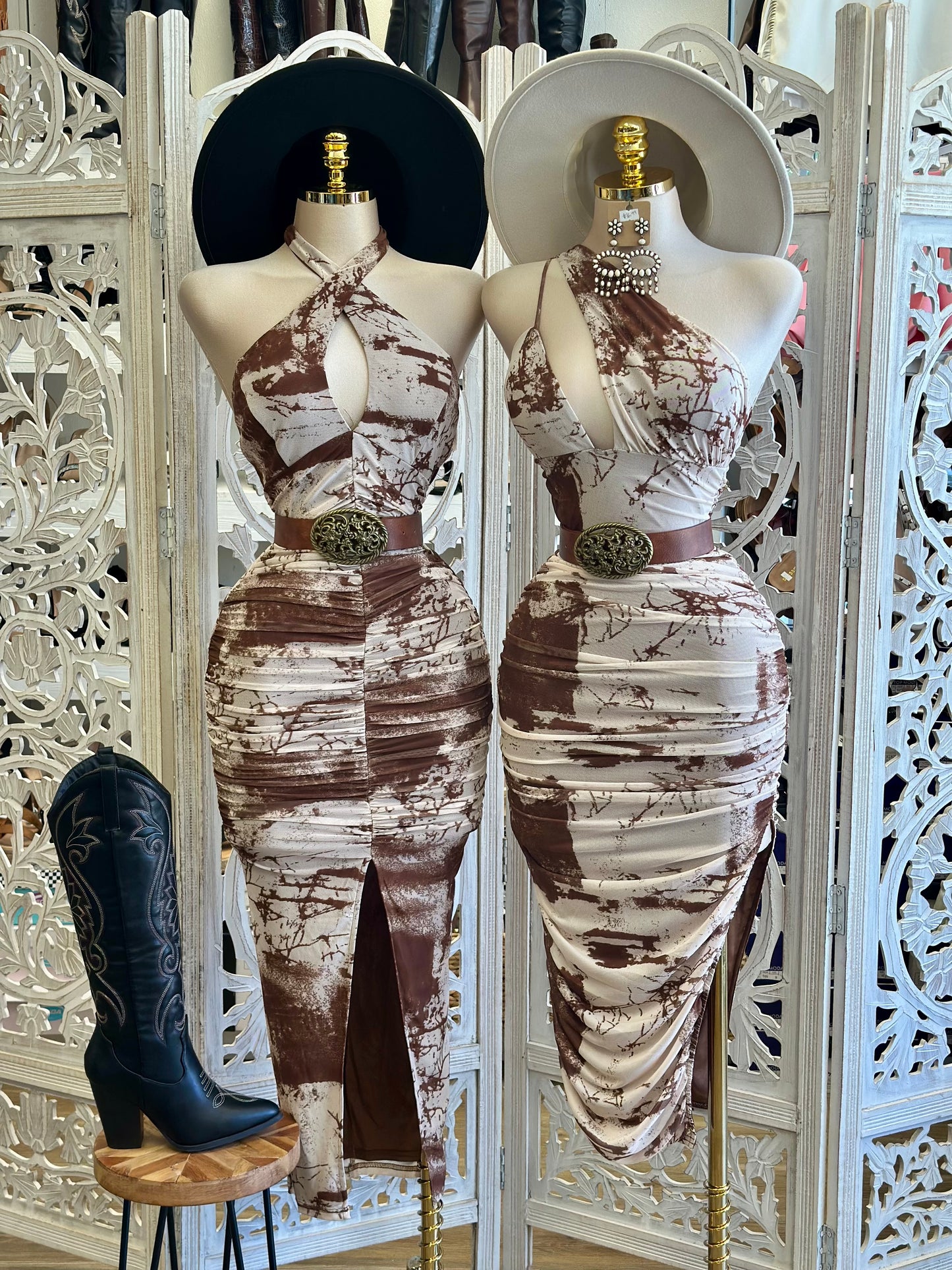 Brown Multi Pattern Dress- Stretchy, Estira
