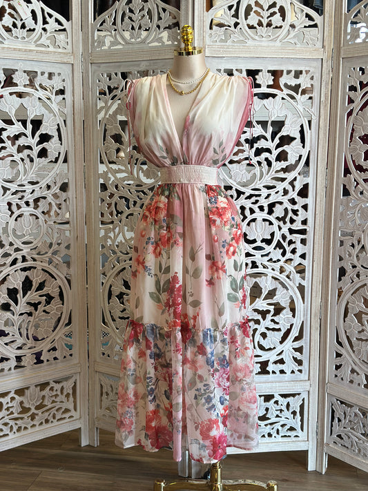 Hazed Floral Blush Maxi Dress- Stretchy, Estira