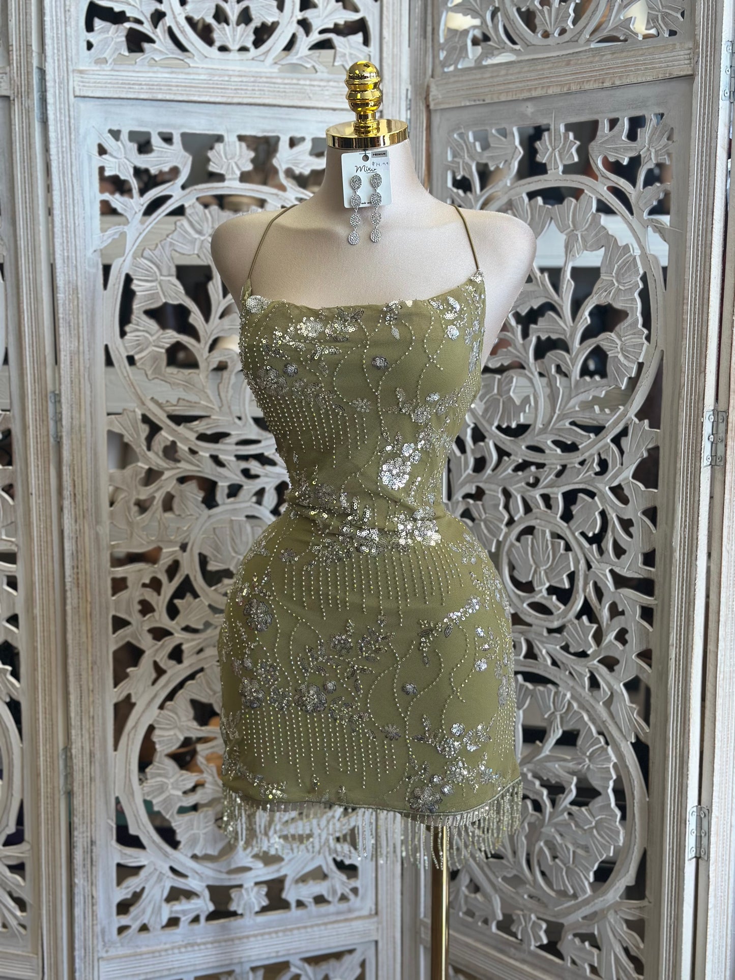 Beaded Olive Mini Dress- Slightly Stretchy,Estira Poco
