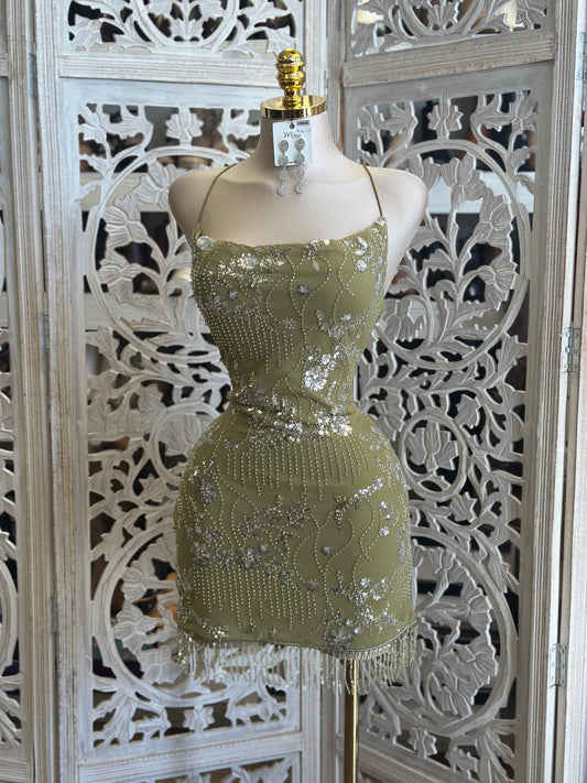 Beaded Olive Mini Dress- Slightly Stretchy,Estira Poco