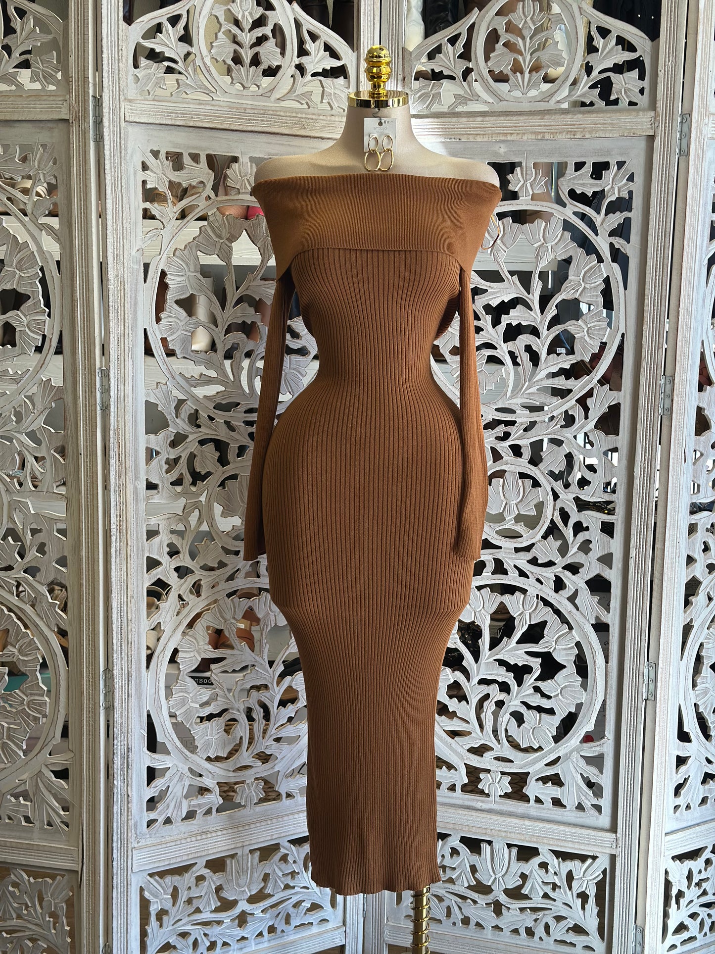 Off Shoulder Brown Ribbed Sweater Dress- Stretchy,Estira