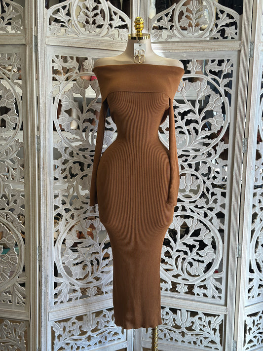 Off Shoulder Brown Ribbed Sweater Dress- Stretchy,Estira