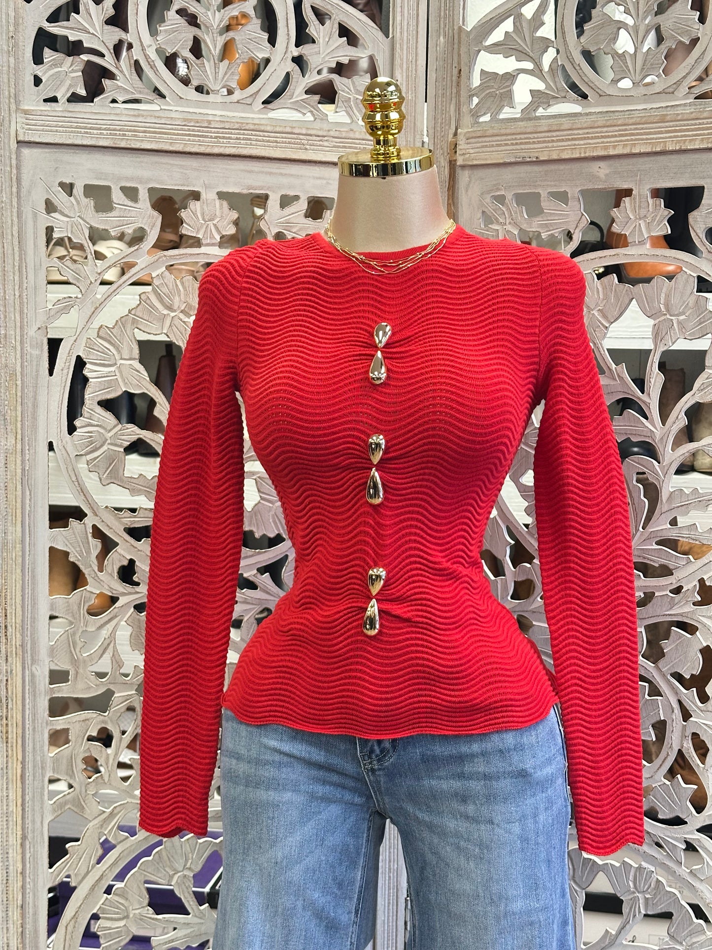 Red Squiggle Knit Textured Top- Estira, Stretchy