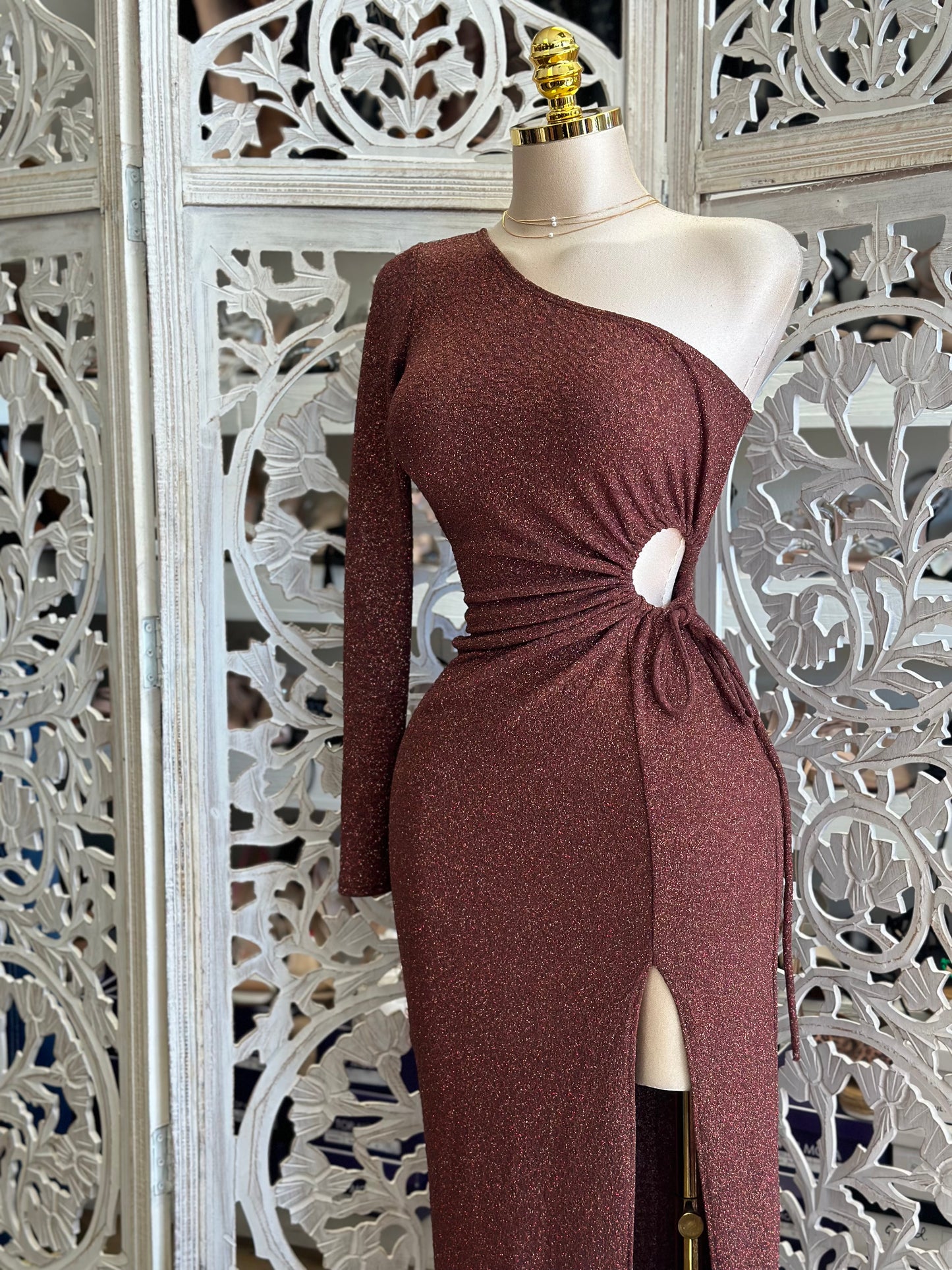 One Sleeve Glitter Maxi Dress- Stretchy, Estira