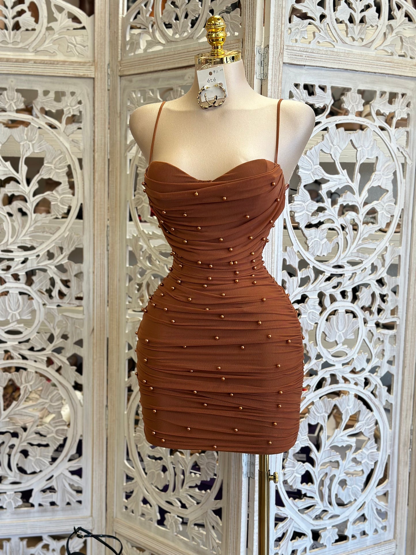 Cinnamon Pearl Cami Mini Dress- Stretchy, Estira