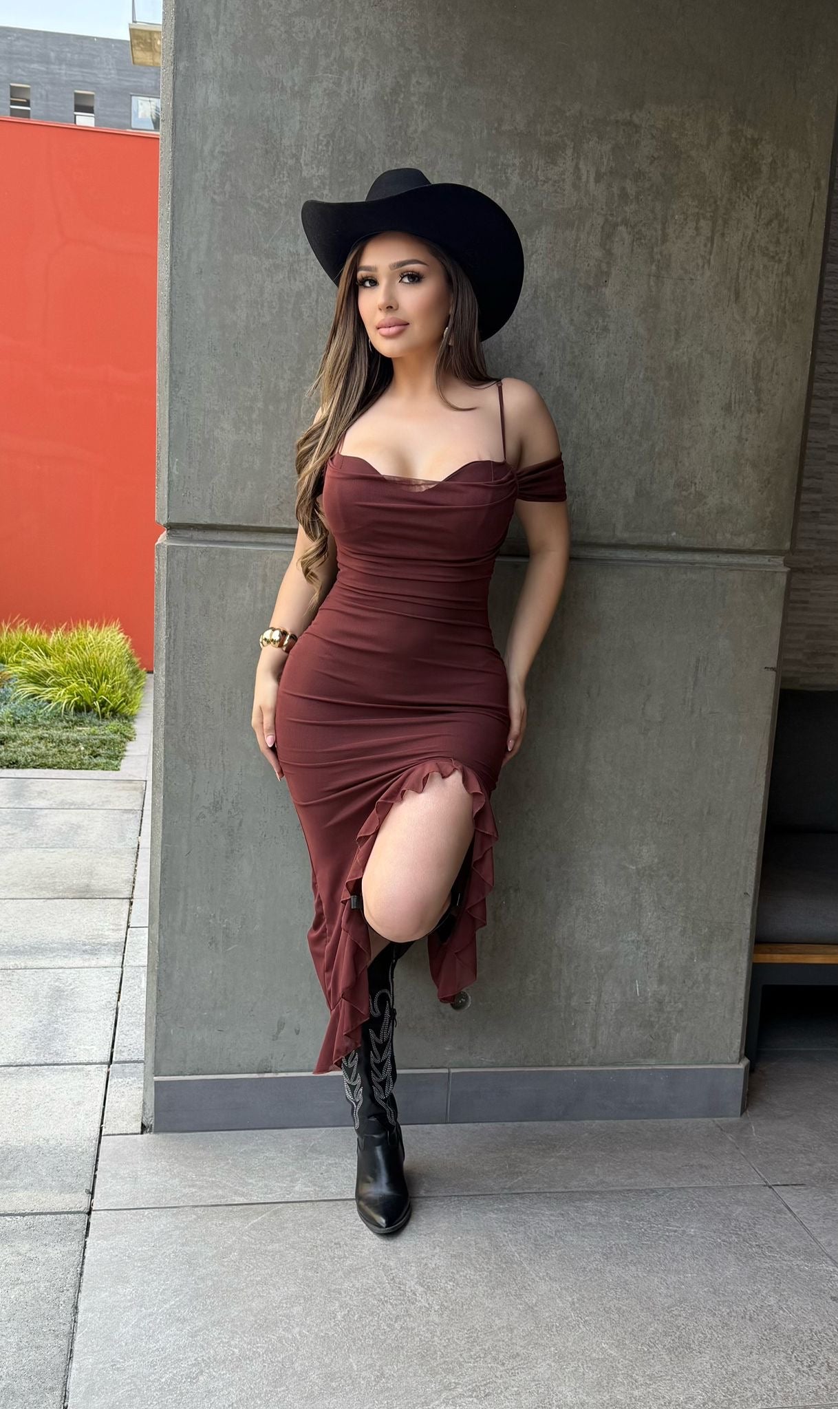 Chocolate Off Shoulder Draped Ruffle Midi Dress-Estira, Stretchy