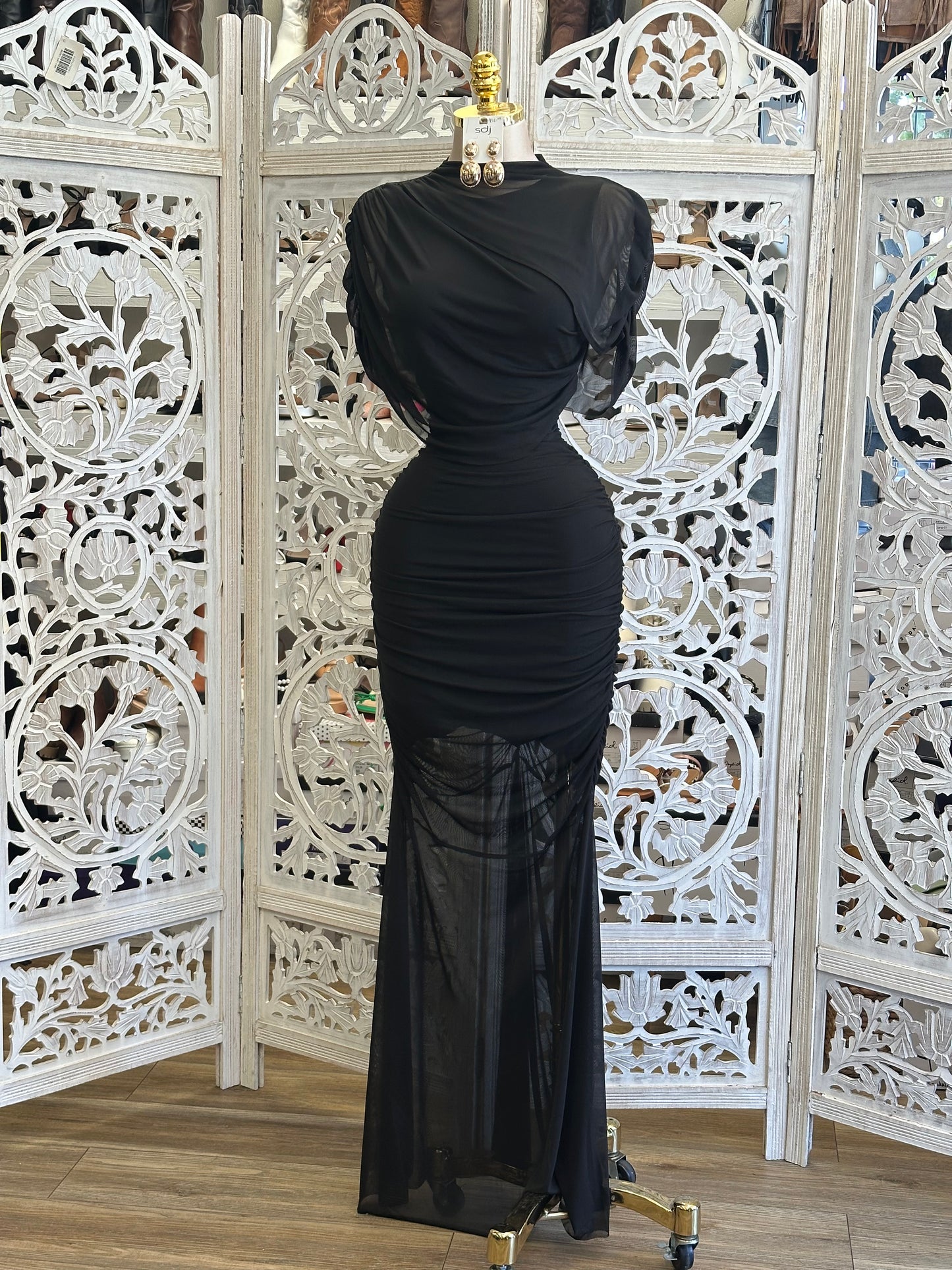 Black Shawl Midi Dress- Stretchy, Estira