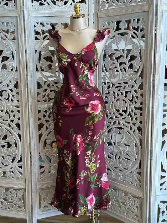 Burgundy Floral Midi Dress- Not Stretchy, No Estira