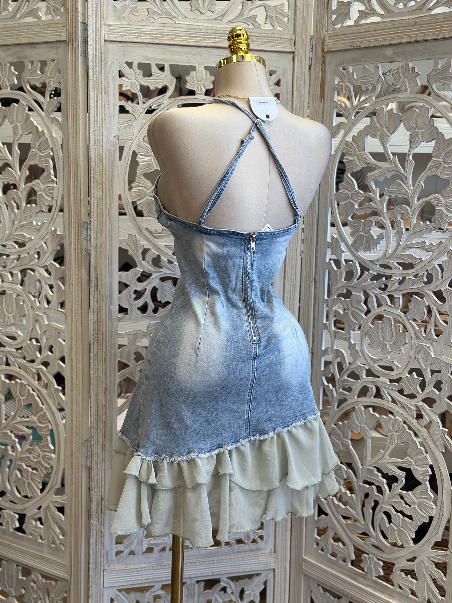 Washed Denim Ruffle Mini Dress- Stretchy, Estira
