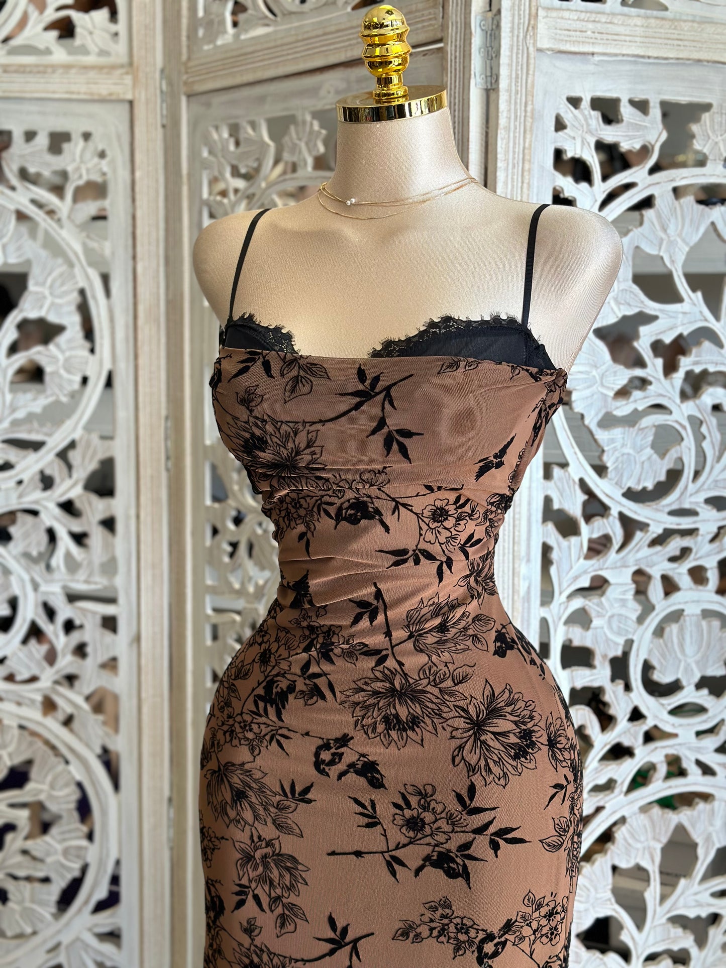 Velvet Flower Cami Mesh Midi Dress- Stretchy,Estira