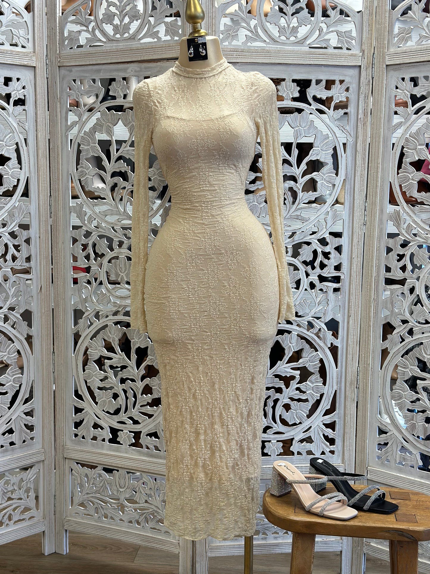 Beige Lace Maxi Dress Stretchy