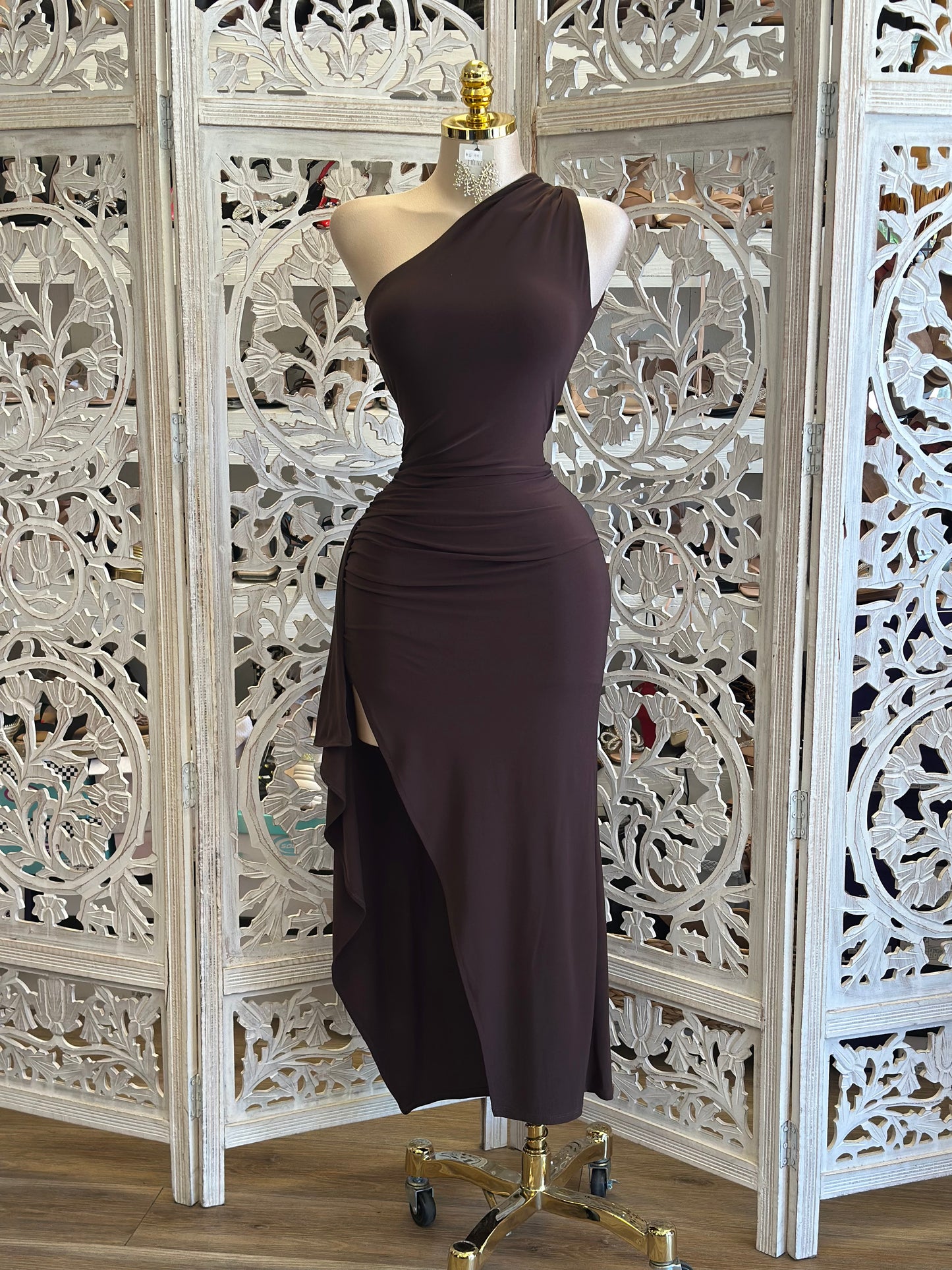 Asymmetrical Espresso Dress-Estira, Stretchy