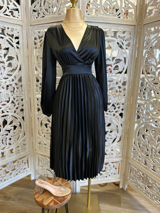 Black Satin Wrapped Pleated Dress- Not Stretchy
