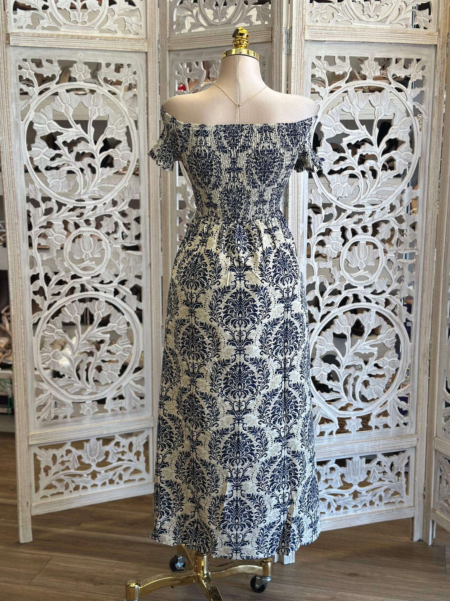 Off Shoulder Smocked Pattern Maxi Dress- Stretchy , Estira